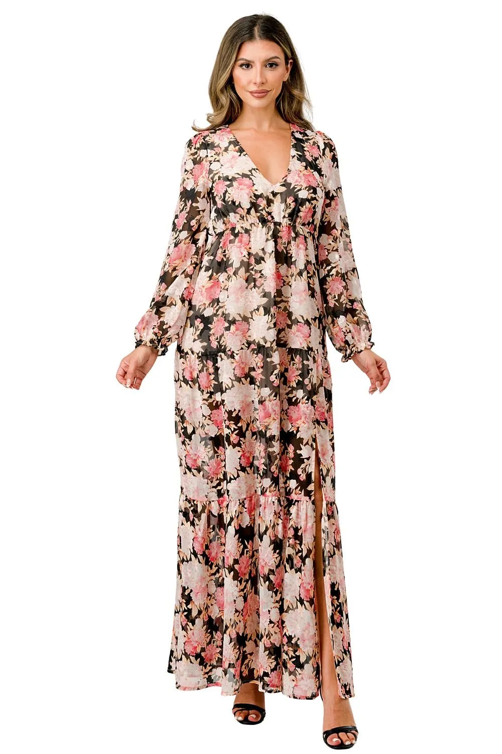 Long sleeve slit front elastic waisted maxi dress sold by Dress Barn