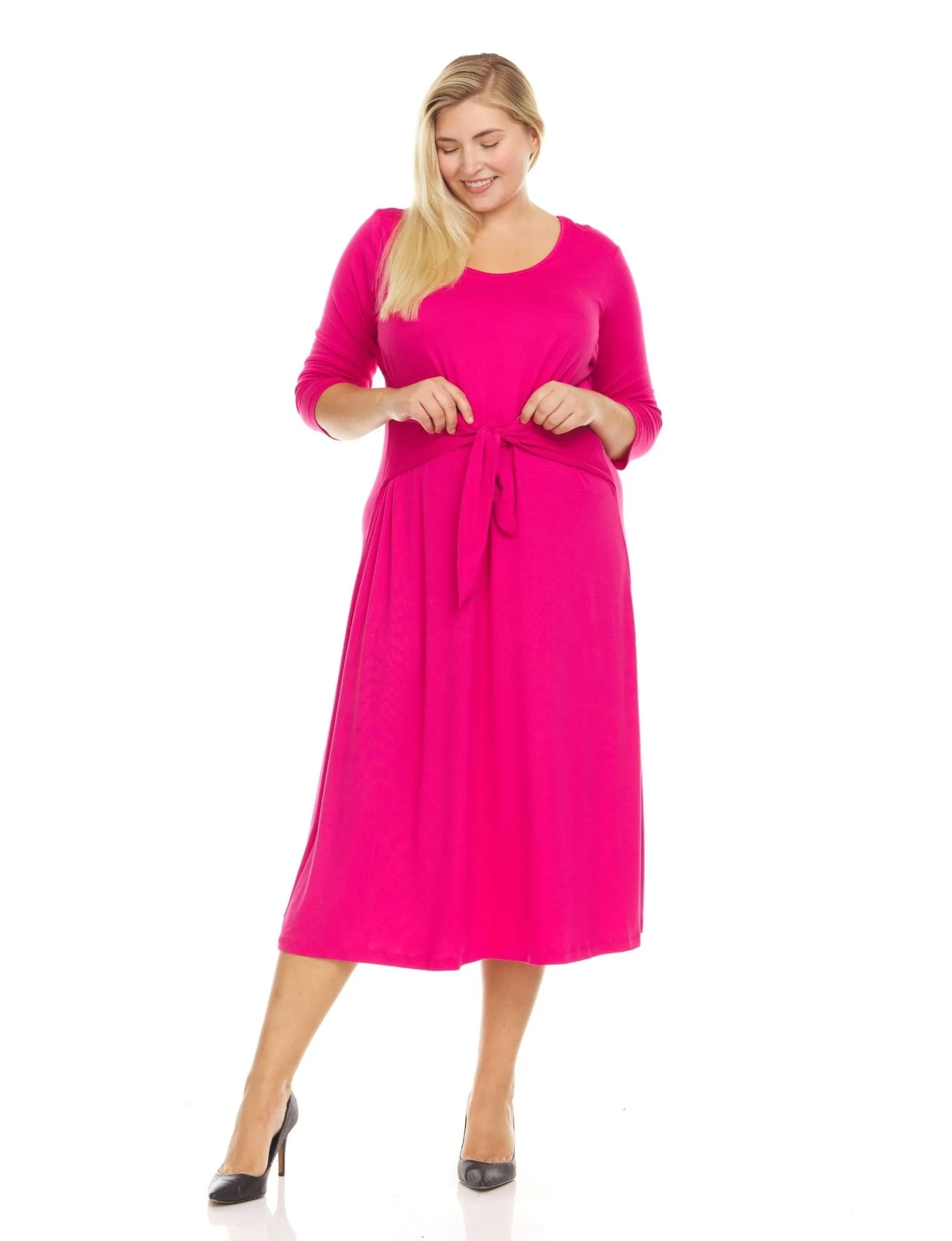 3/4 Sleeve Crew Neck Solid Color A-Line Midi Dress With Self Tie Belt - Plus sold by Dress Barn product image thumbnail 3