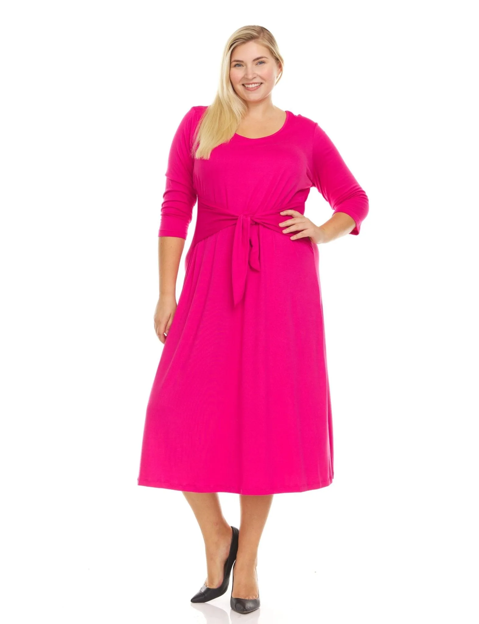 3/4 Sleeve Crew Neck Solid Color A-Line Midi Dress With Self Tie Belt - Plus sold by Dress Barn product image thumbnail 2