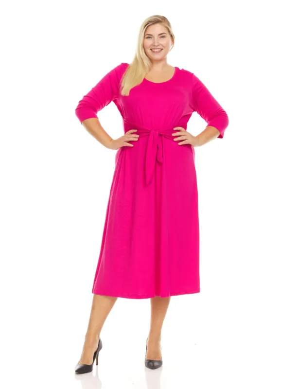 3/4 Sleeve Crew Neck Solid Color A-Line Midi Dress With Self Tie Belt - Plus sold by Dress Barn