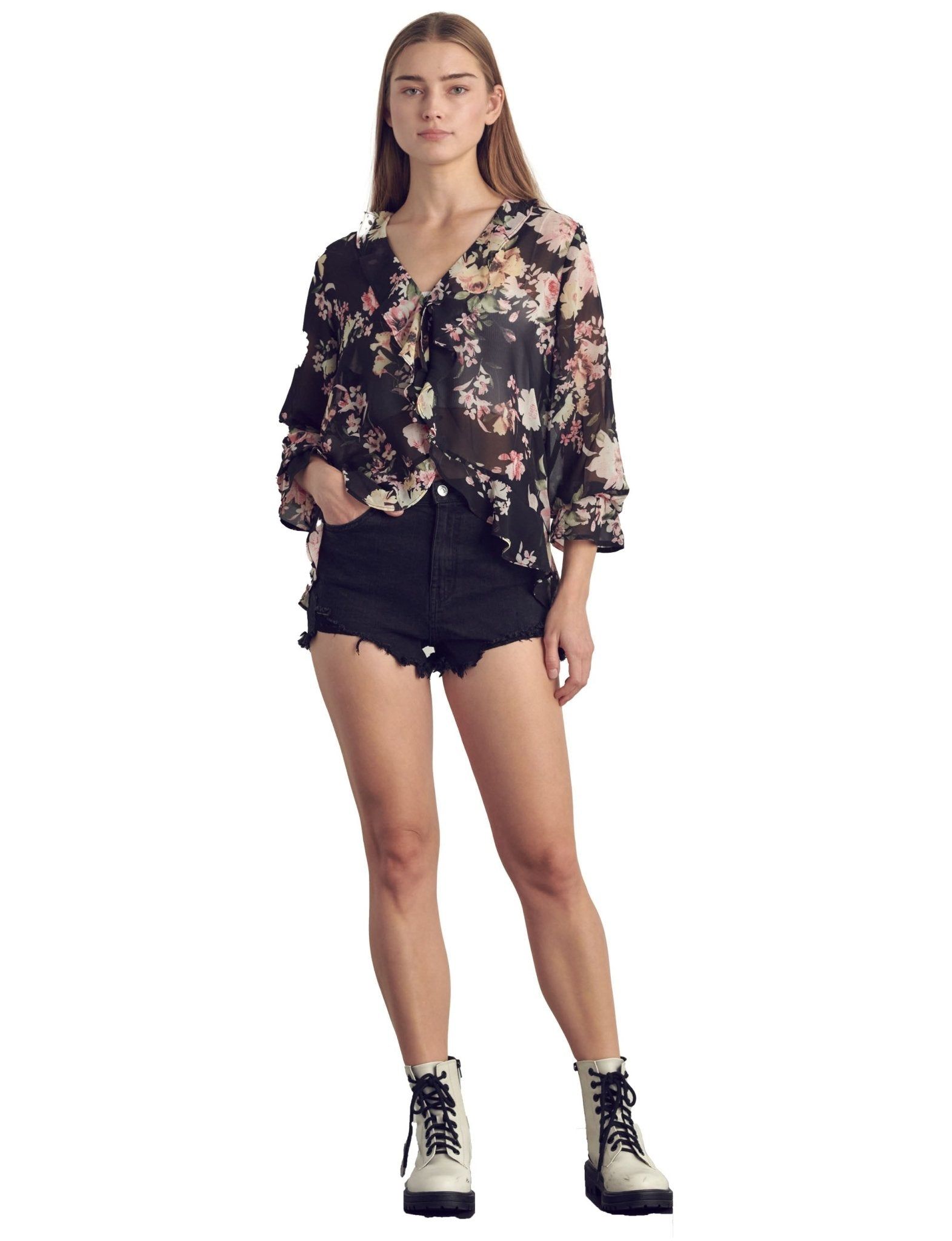 Ruffle detail long sleeve in chiffon floral print sold by Dress Barn