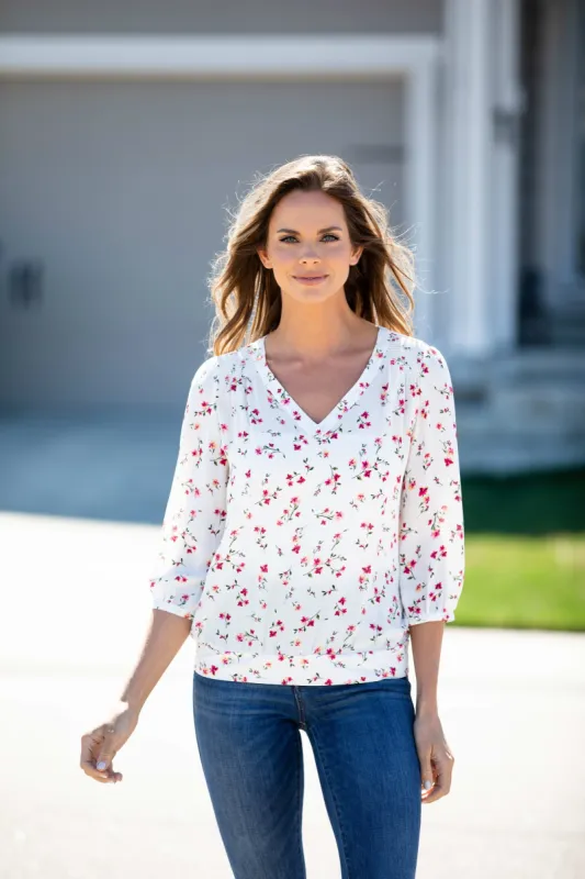 V Neck Floral Smocked Shoulder Blouse sold by Dress Barn