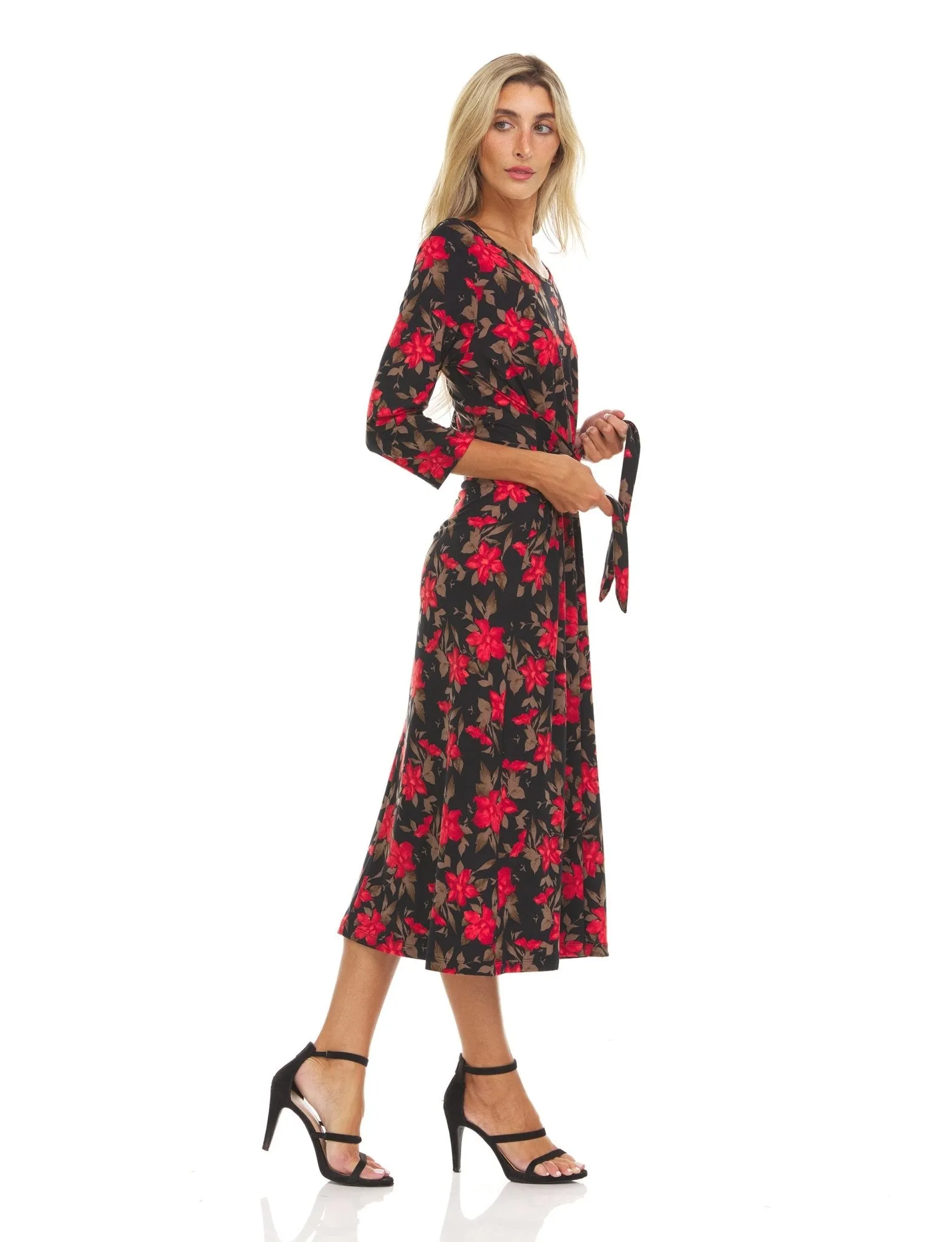 Three quarter sleeve crew printed A line midi dress with selt tie belt sold by Dress Barn product image thumbnail 2
