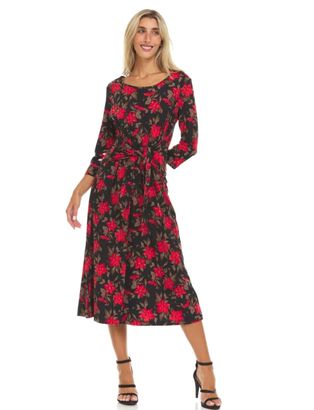 Three quarter sleeve crew printed A line midi dress with selt tie belt sold by Dress Barn
