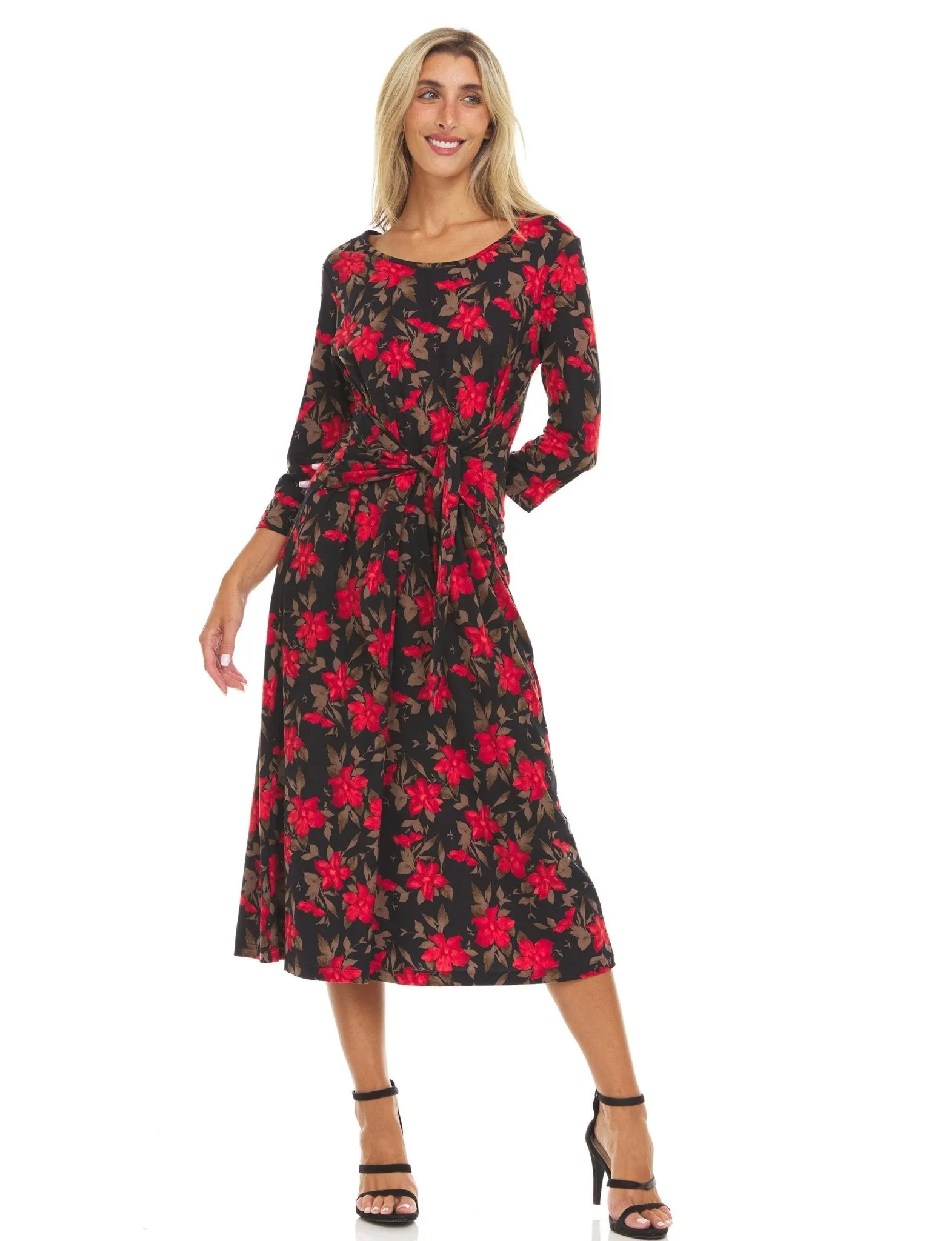 Three quarter sleeve crew printed A line midi dress with selt tie belt sold by Dress Barn