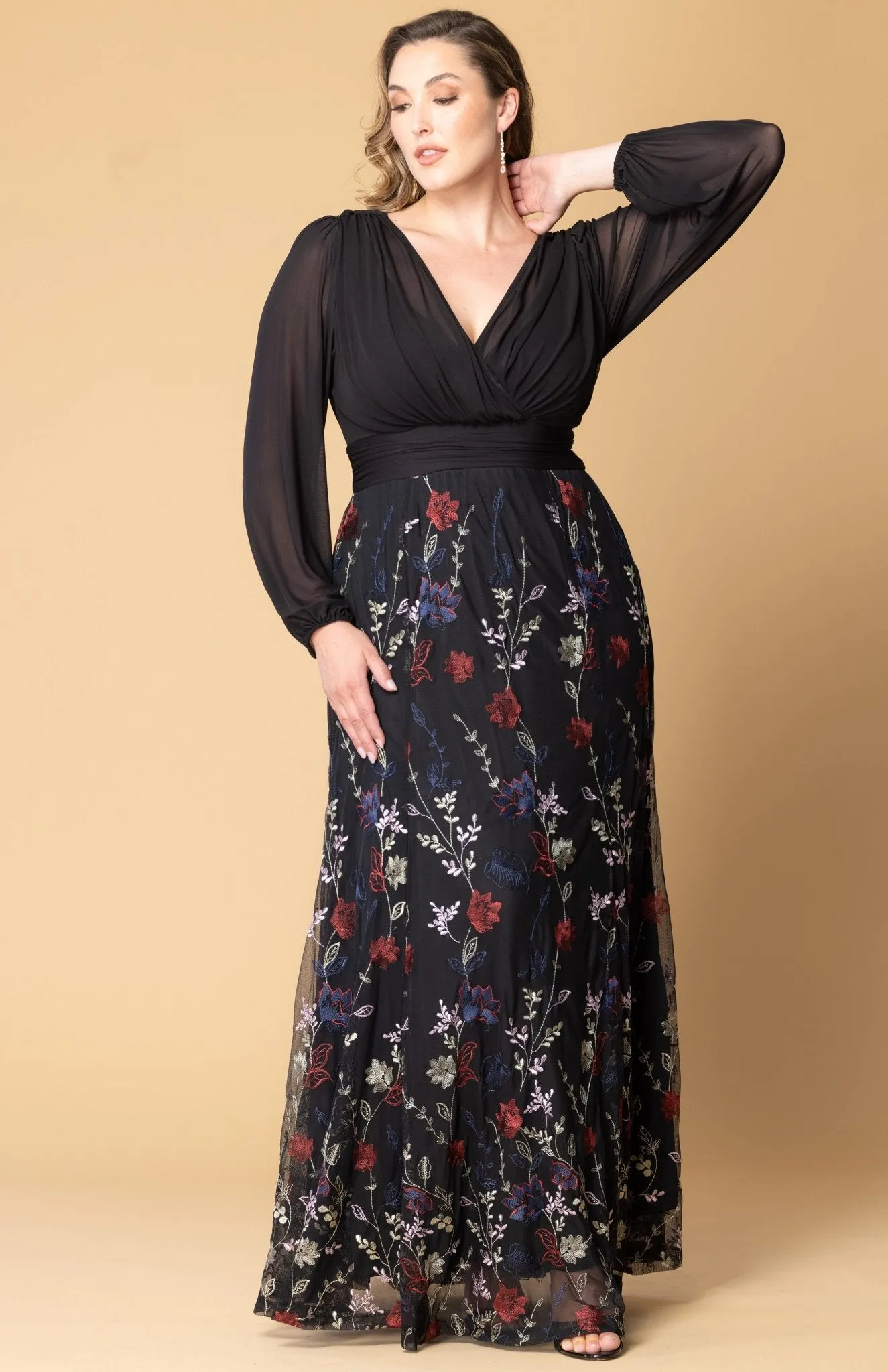 Isabella Embroidered Mesh Gown - Black - Plus sold by Dress Barn