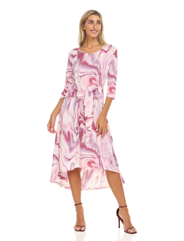 3/4 Sleeve Allover Printed Scoop Neck Midi Dress With Self Tie Belt sold by Dress Barn