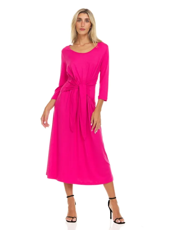 Three quarter sleeve crew neck printed A line midi dress with selt tie belt sold by Dress Barn
