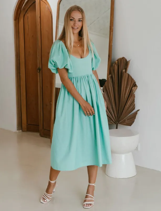 Dreamy Tosca Shirred Back Linen Midi Dress sold by Dress Barn