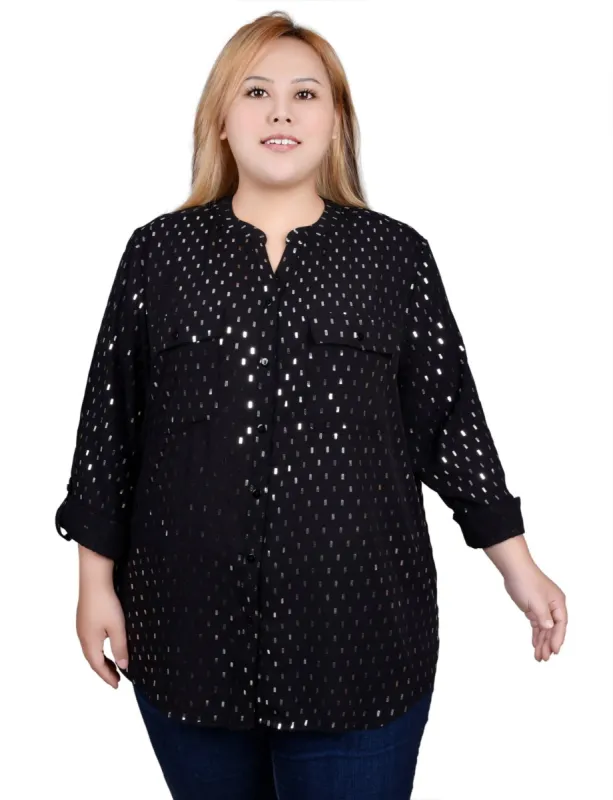 Long Roll Tab Sleeve Foil Dot Blouse - Plus sold by Dress Barn