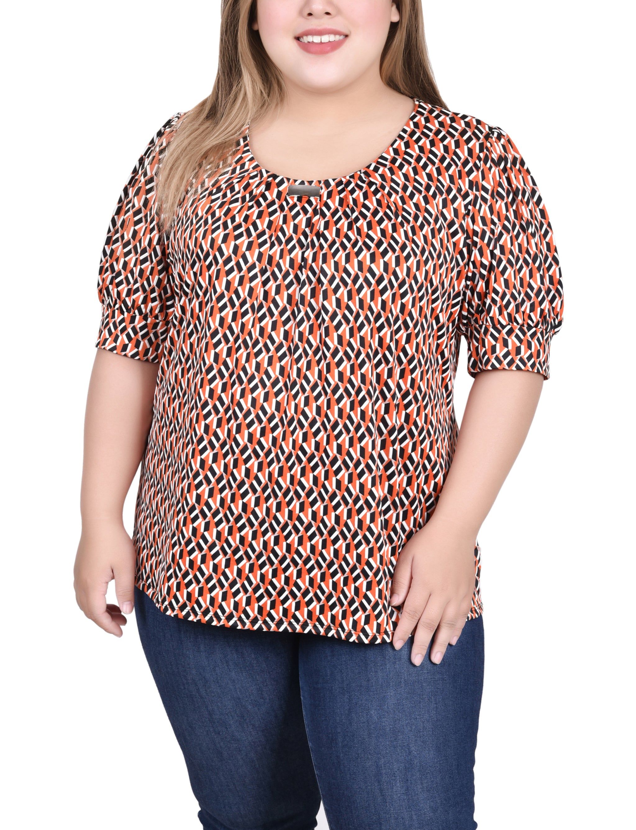 NY Collection Short Sleeve Balloon Top With Hardware - Plus sold by Dress Barn