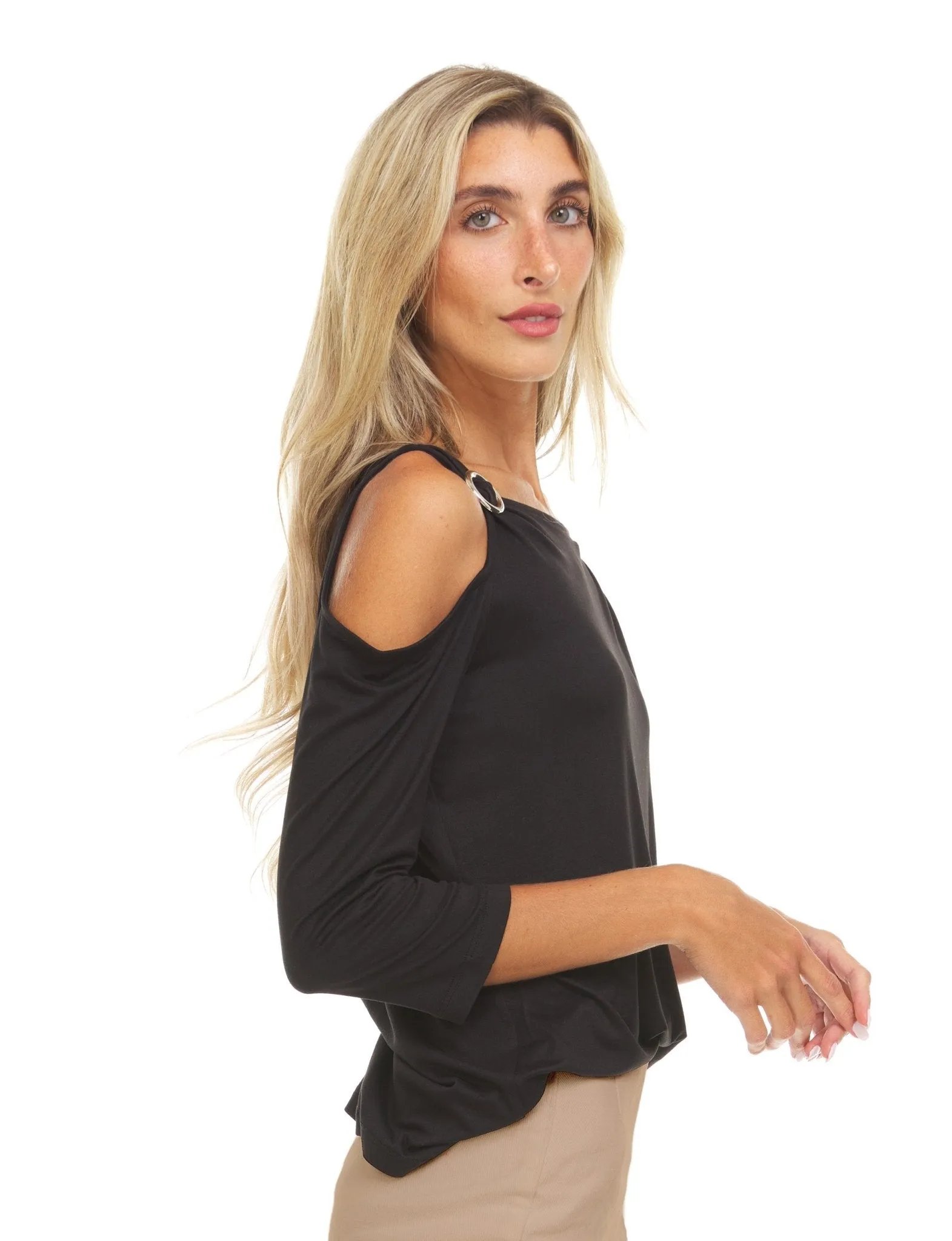 Black Three Quarter Sleeve Cold Shoulder Top With Shoulder Strap Grommet sold by Dress Barn product image thumbnail 2