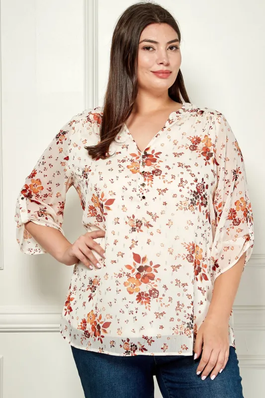 Sara Michelle-3 Quarter Tab Sleeve Mandarin Collar Popover Top - Plus sold by Dress Barn