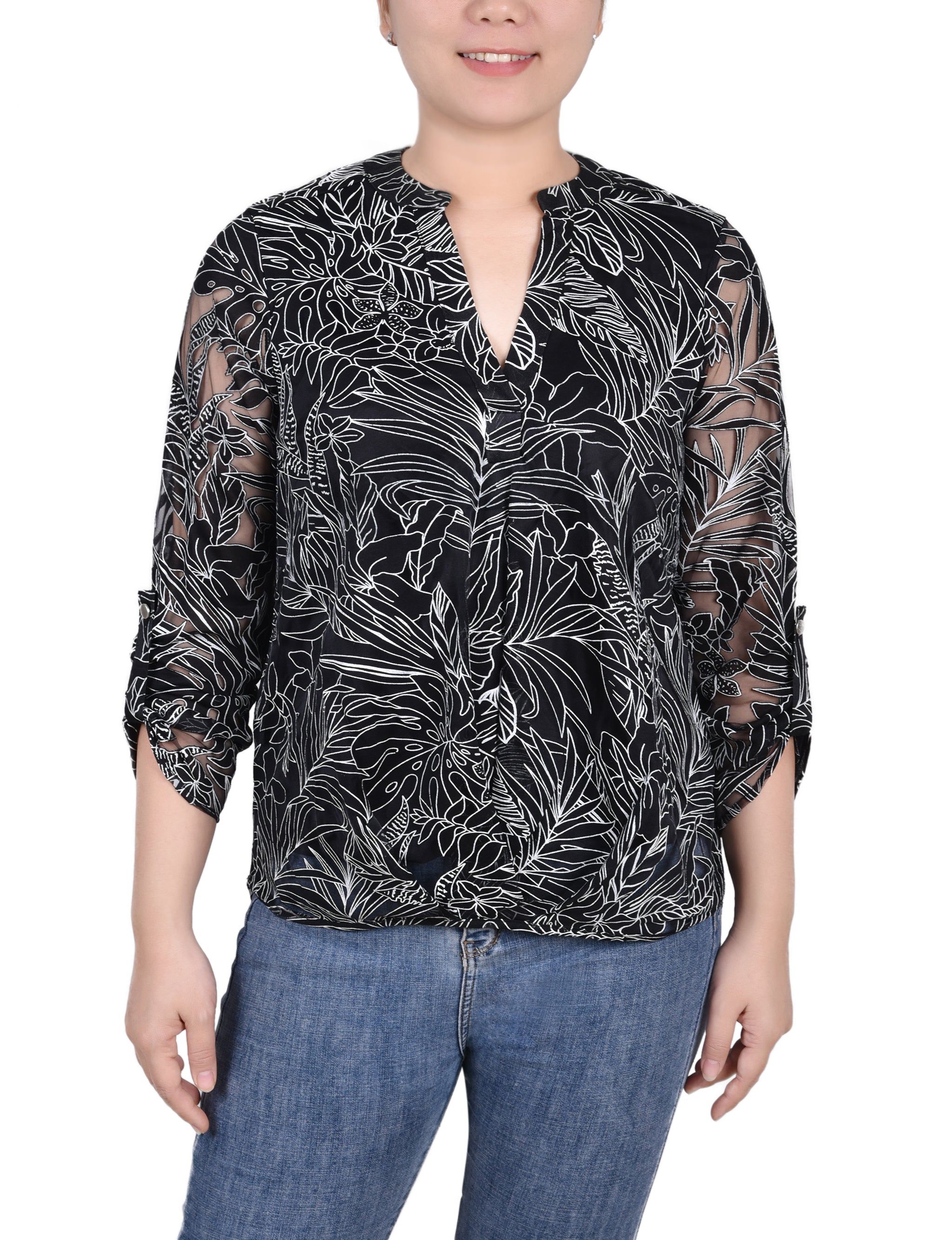 NY Collection Long Sleeve Burnout Y Neck Blouse sold by Dress Barn