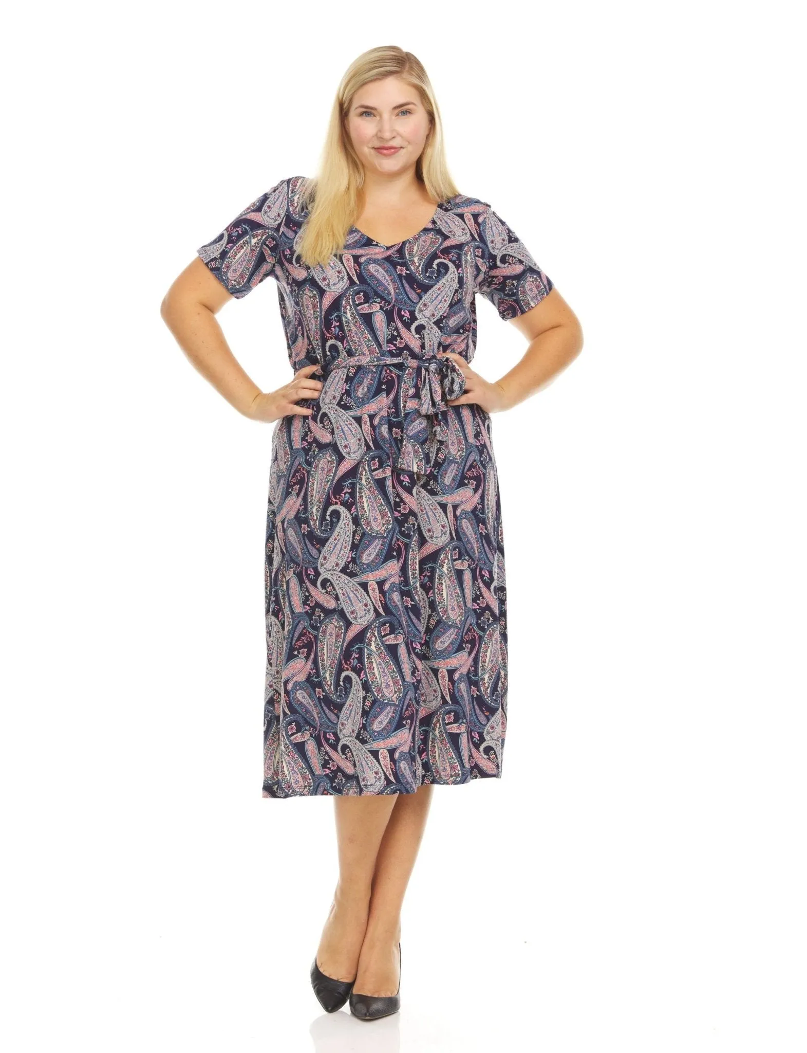 Short Sleeve Allover Printed V-Neck Midi Dress With Self Tie Belt - Plus sold by Dress Barn product image thumbnail 2