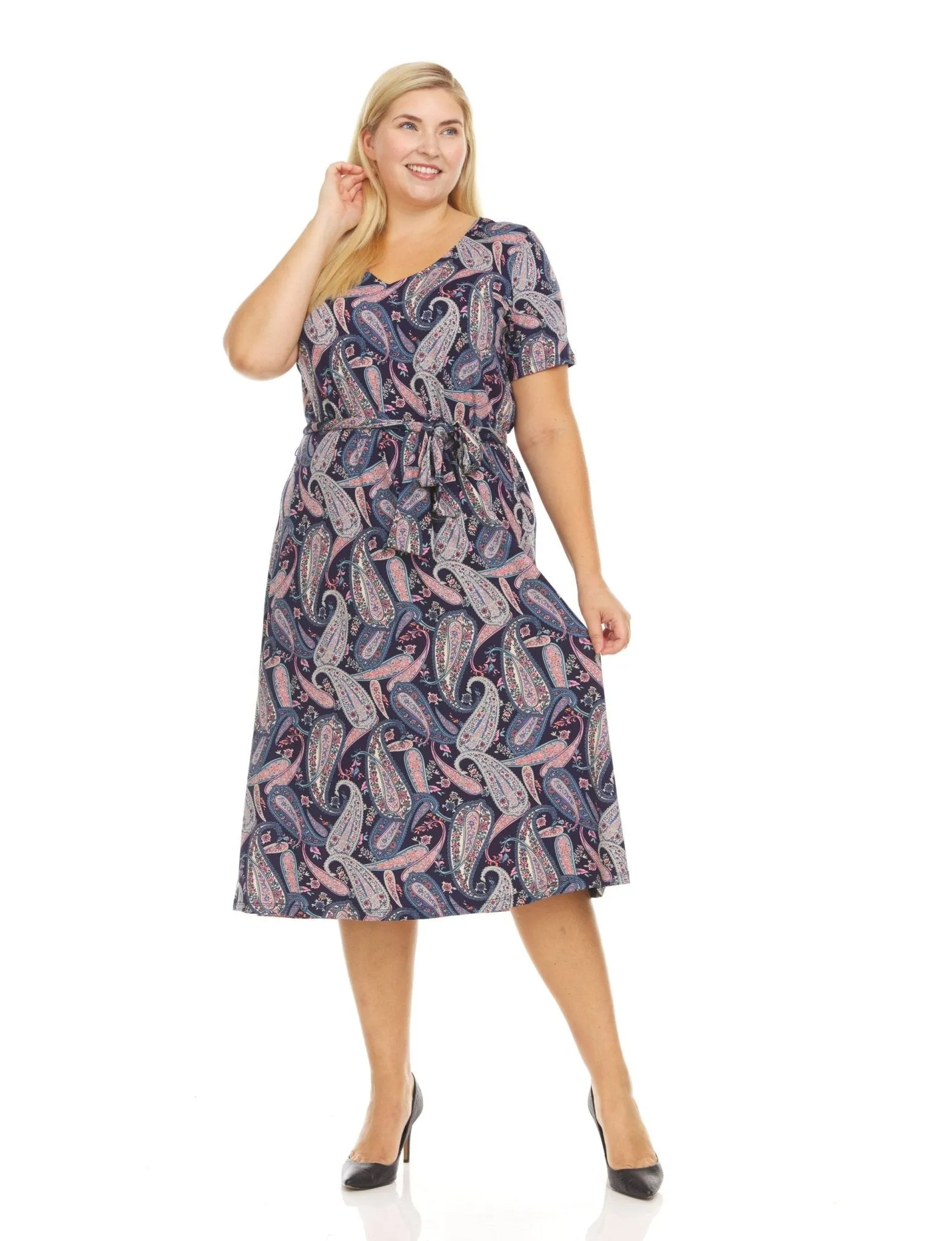 Short Sleeve Allover Printed V-Neck Midi Dress With Self Tie Belt - Plus sold by Dress Barn product image thumbnail 3