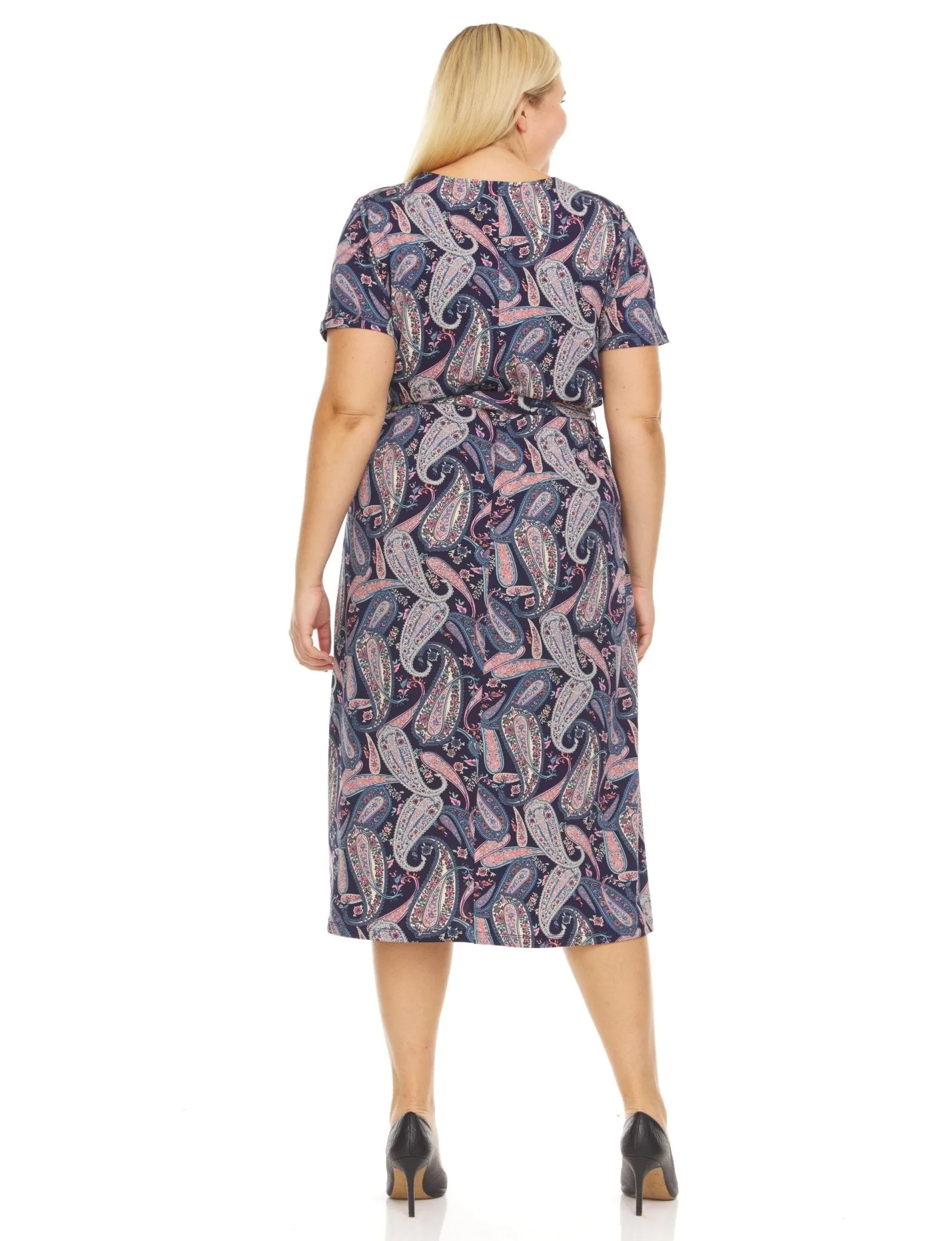 Short Sleeve Allover Printed V-Neck Midi Dress With Self Tie Belt - Plus sold by Dress Barn product image thumbnail 4