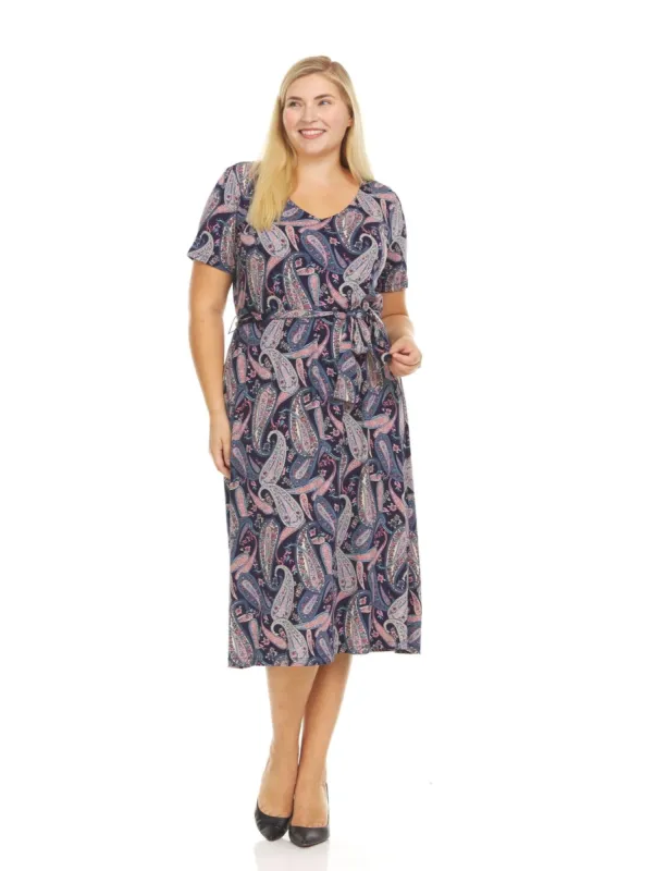 Short Sleeve Allover Printed V-Neck Midi Dress With Self Tie Belt - Plus sold by Dress Barn