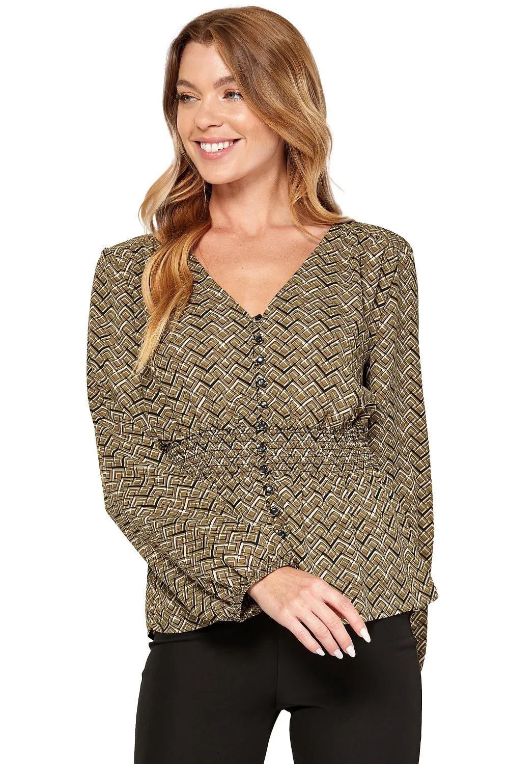 Long Sleeve V-Neck Smock Waist Blouse sold by Dress Barn