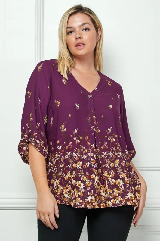 Plum 3/4 Button Tab Sleeve V Neck Popover - Plus sold by Dress Barn