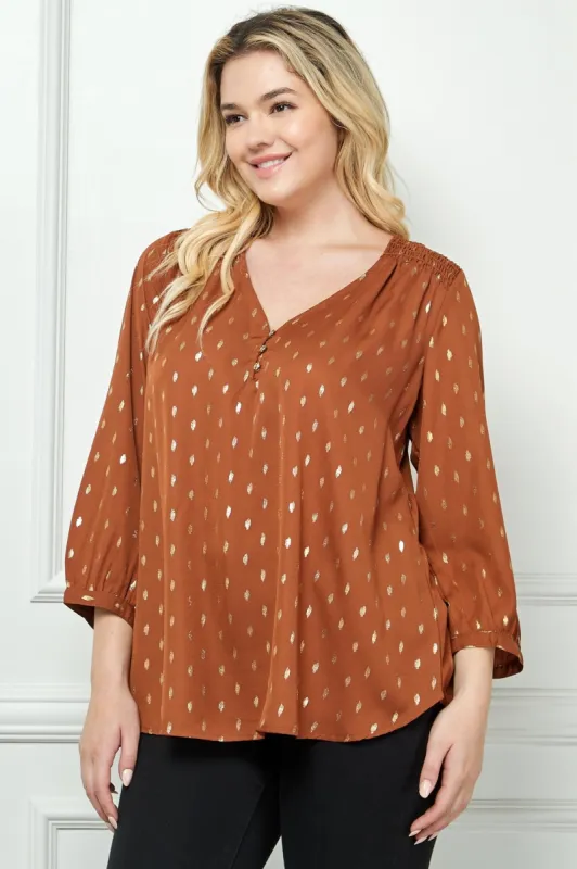 Cognac 3/4 Button Cuff Sleeve V-Neck Popover - Plus sold by Dress Barn