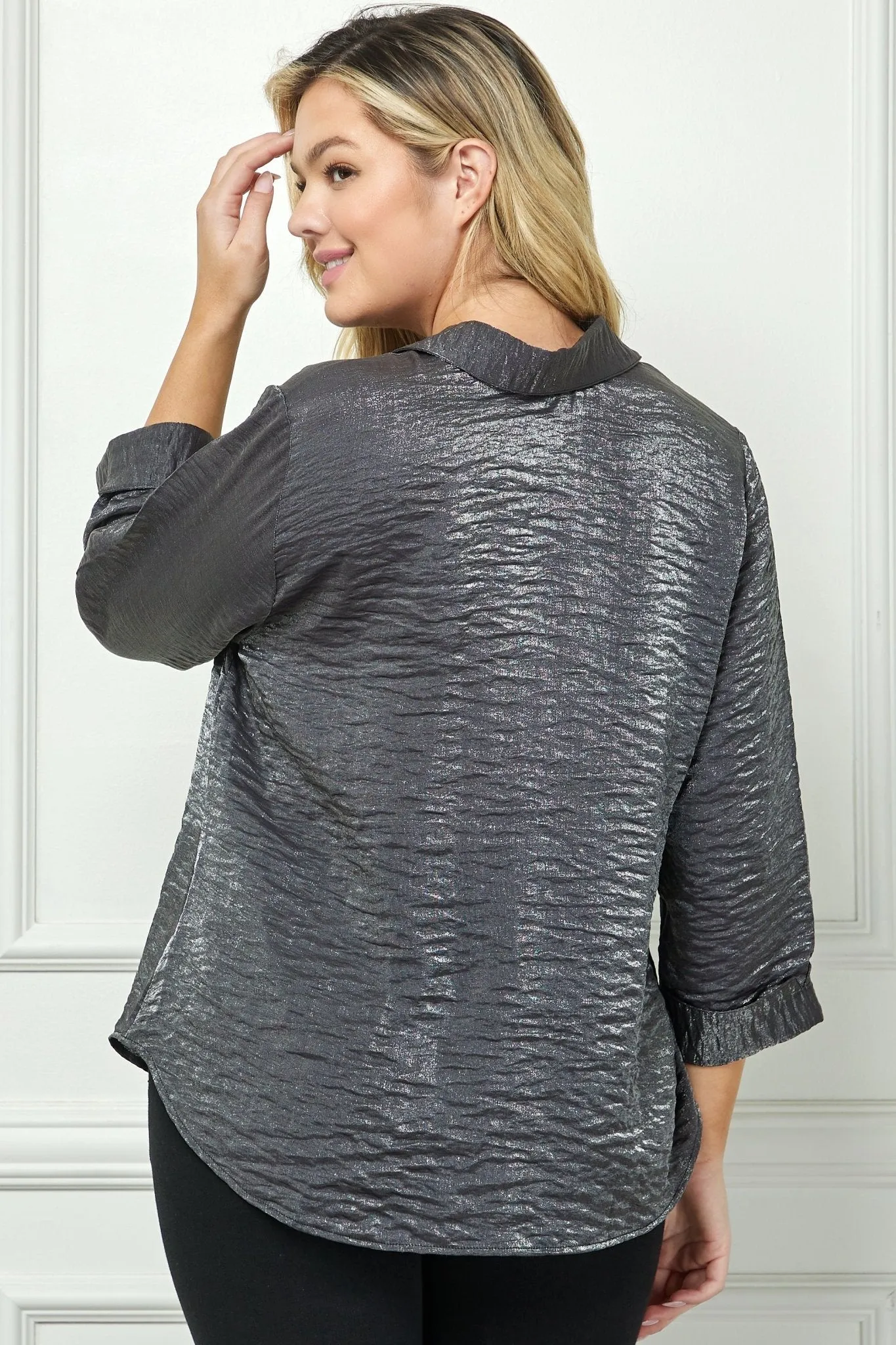 Black & Silver 3/4 Notch Sleeve Johnny Collar Button Front Top - Plus sold by Dress Barn product image thumbnail 2
