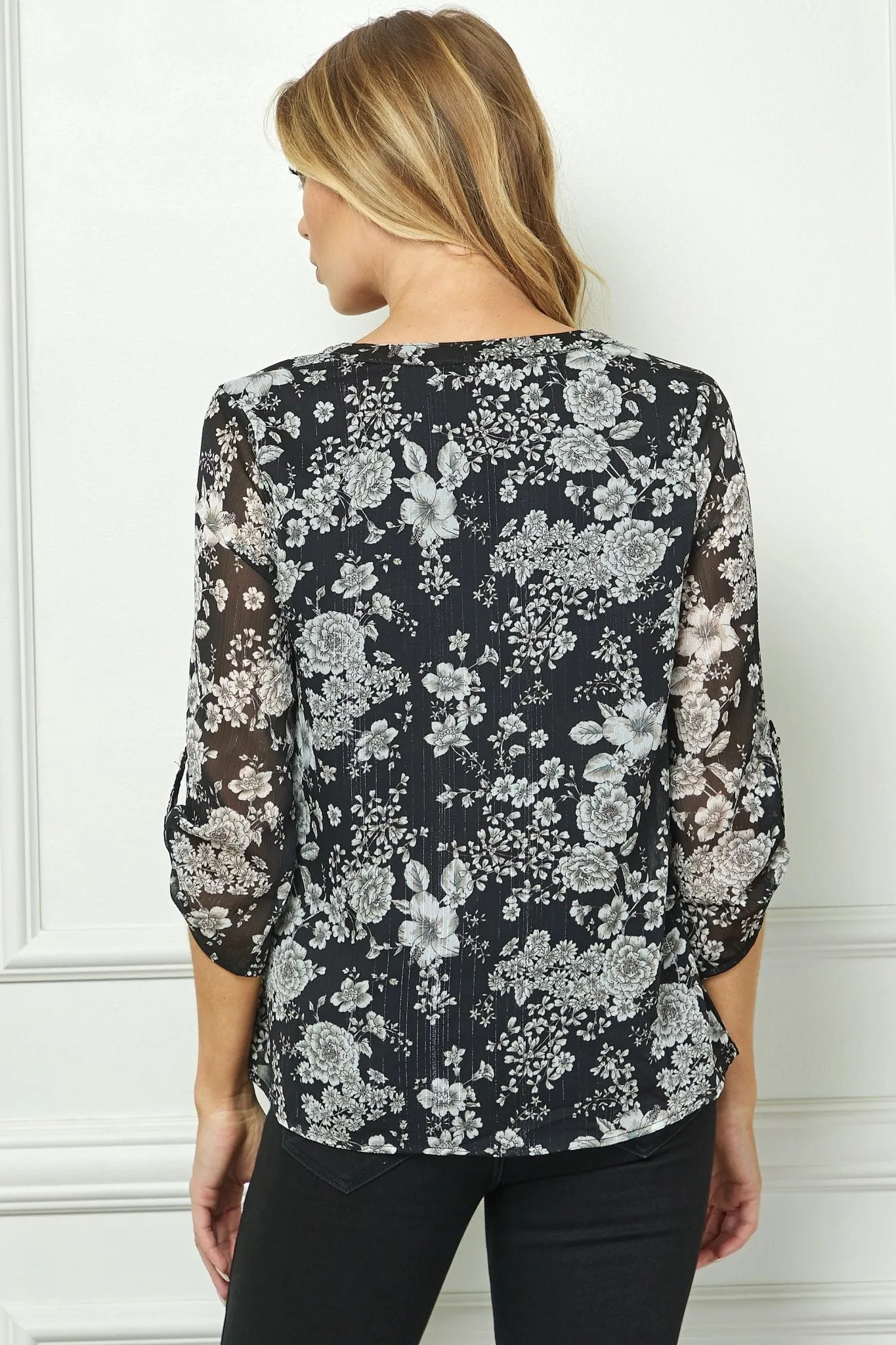 Black & Gray Floral 3/4 Sleeve Popover sold by Dress Barn product image thumbnail 4