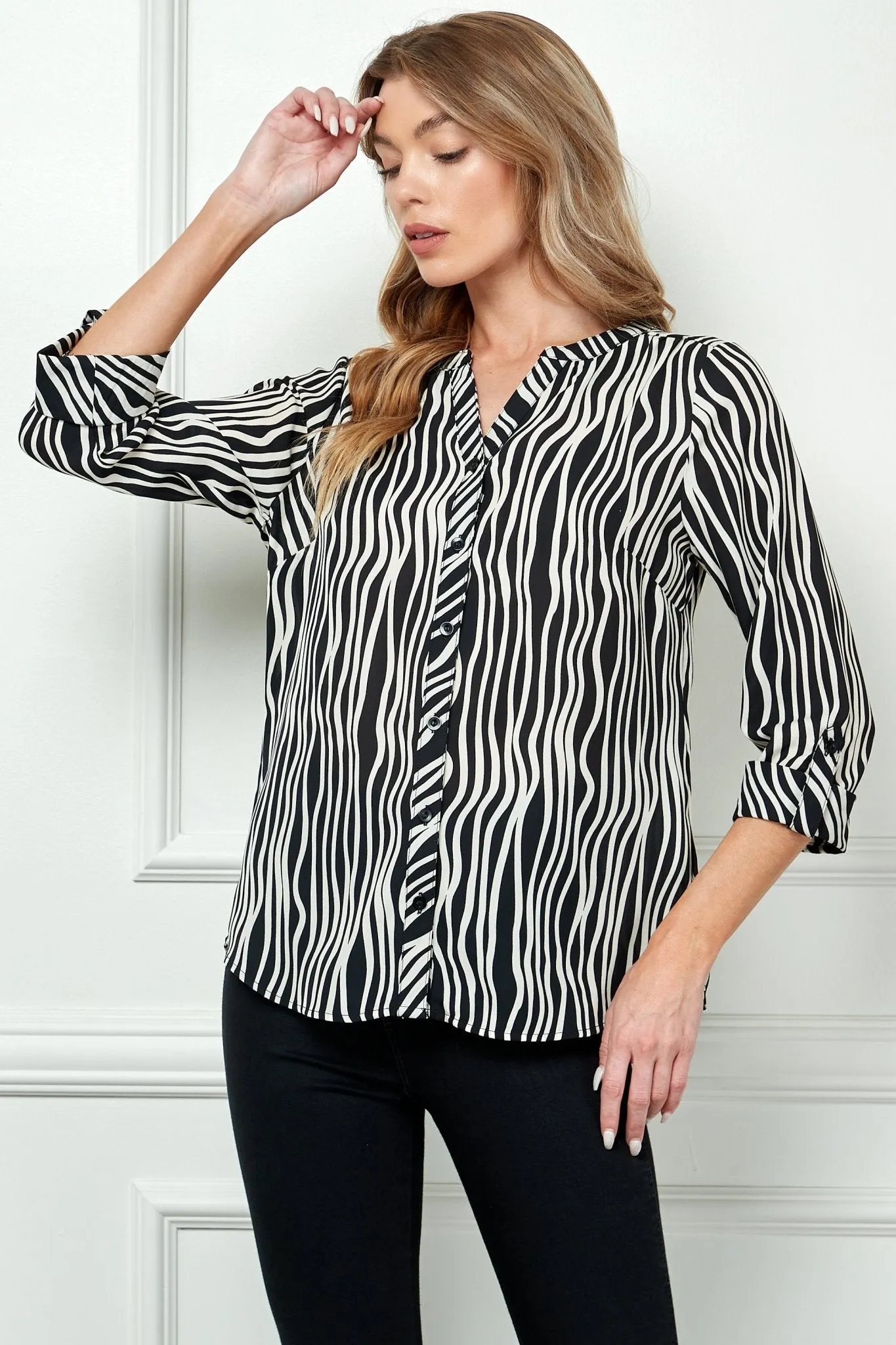Black & White 3/4 Sleeve Button Front Top sold by Dress Barn product image thumbnail 3