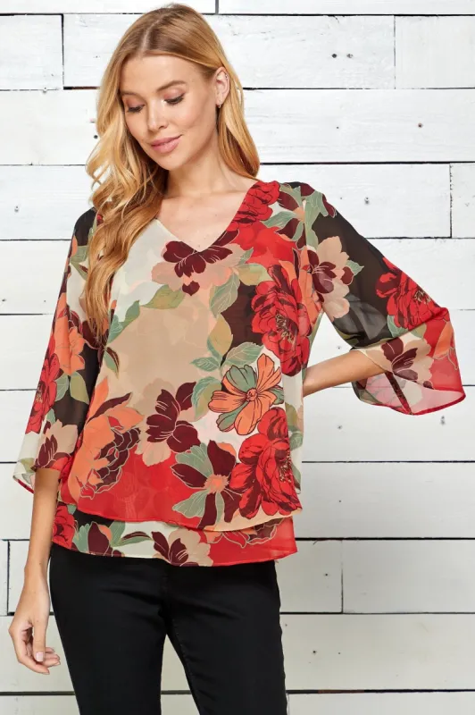 Red Floral 3/4 Sleeve Double Layer Split Back Blouse sold by Dress Barn