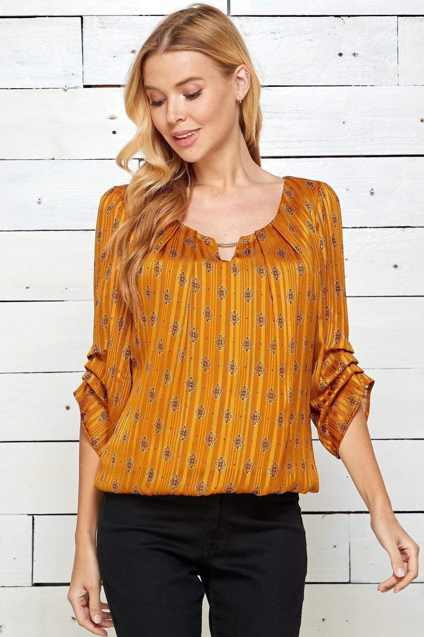 Orange 3/4 Sleeve Bubble Blouse sold by Dress Barn