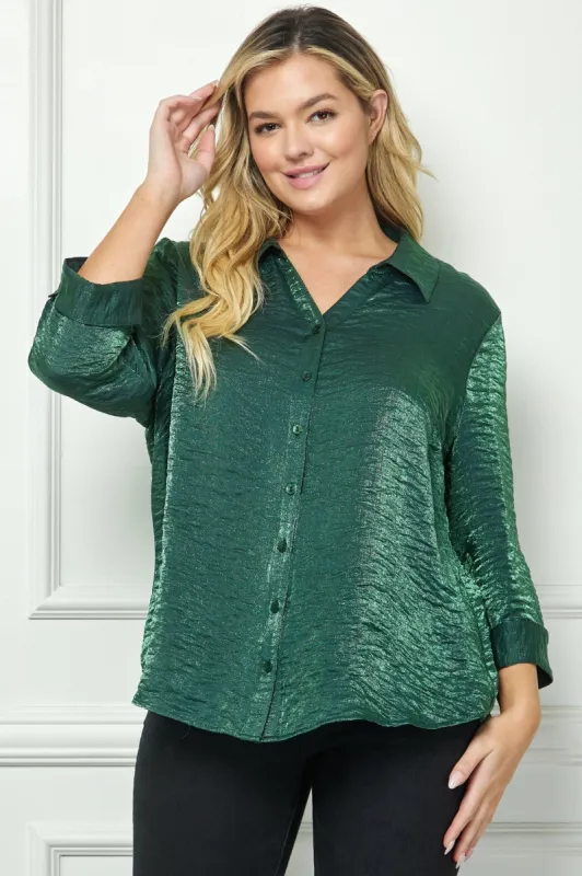 Hunter Green 3/4 Notch Sleeve Johnny Collar Button Front Shirt Top - Plus sold by Dress Barn