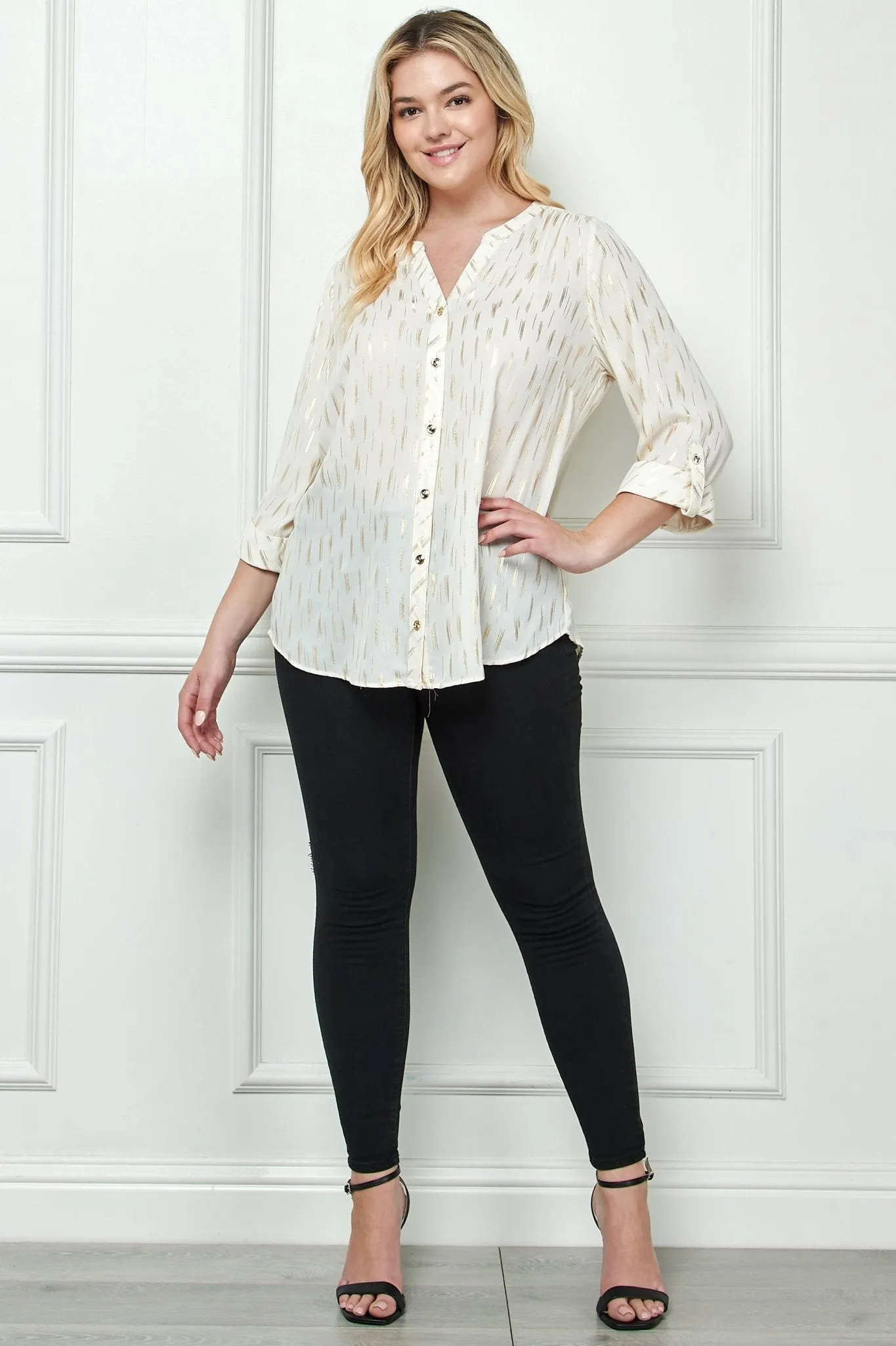 3/4 Length Button Tab Sleeve Mandarin Collar Button Front Top - Plus sold by Dress Barn product image thumbnail 3