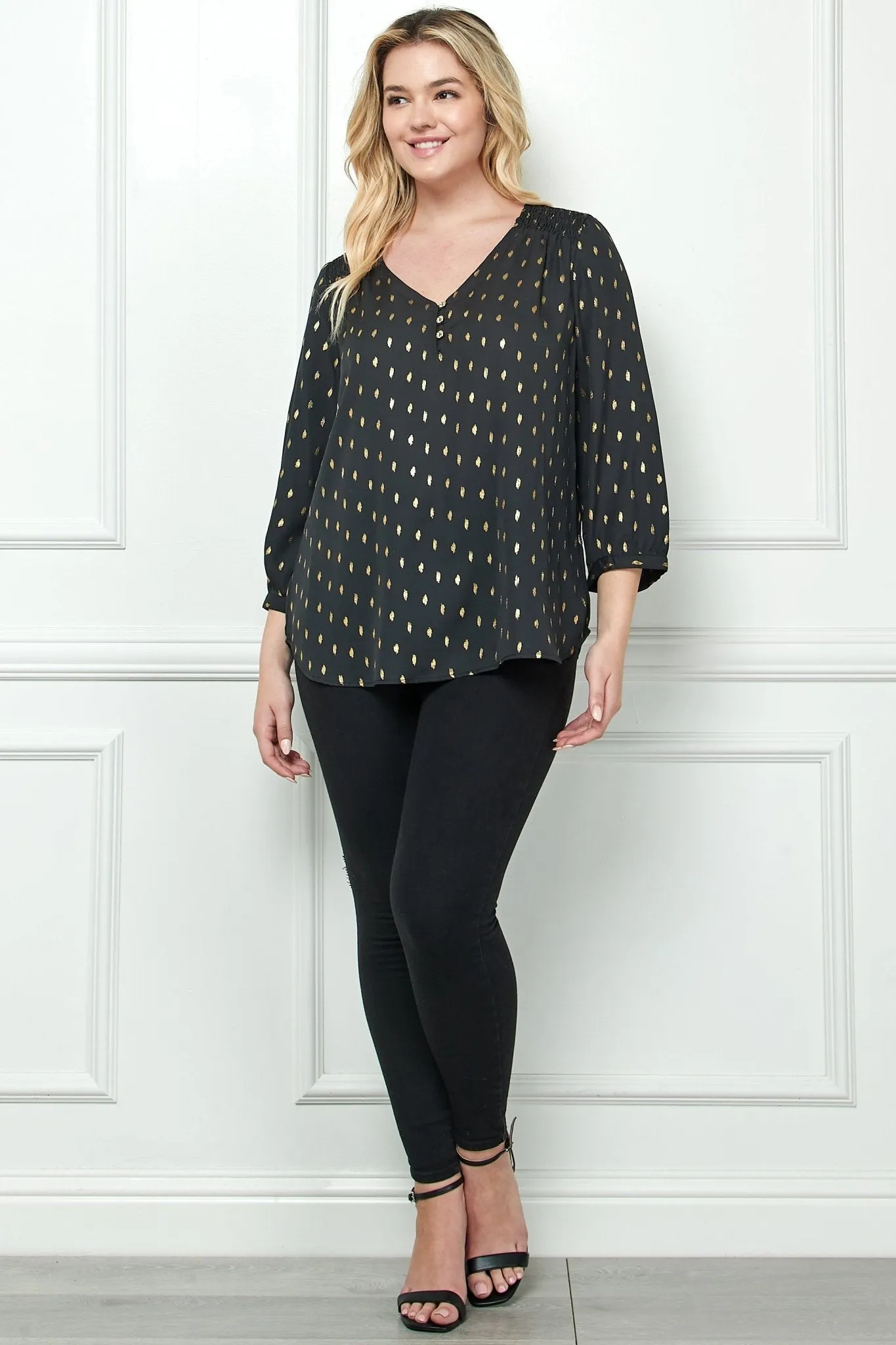 Black 3/4 Button Cuff Sleeve V Neck Popover - Plus sold by Dress Barn product image thumbnail 4