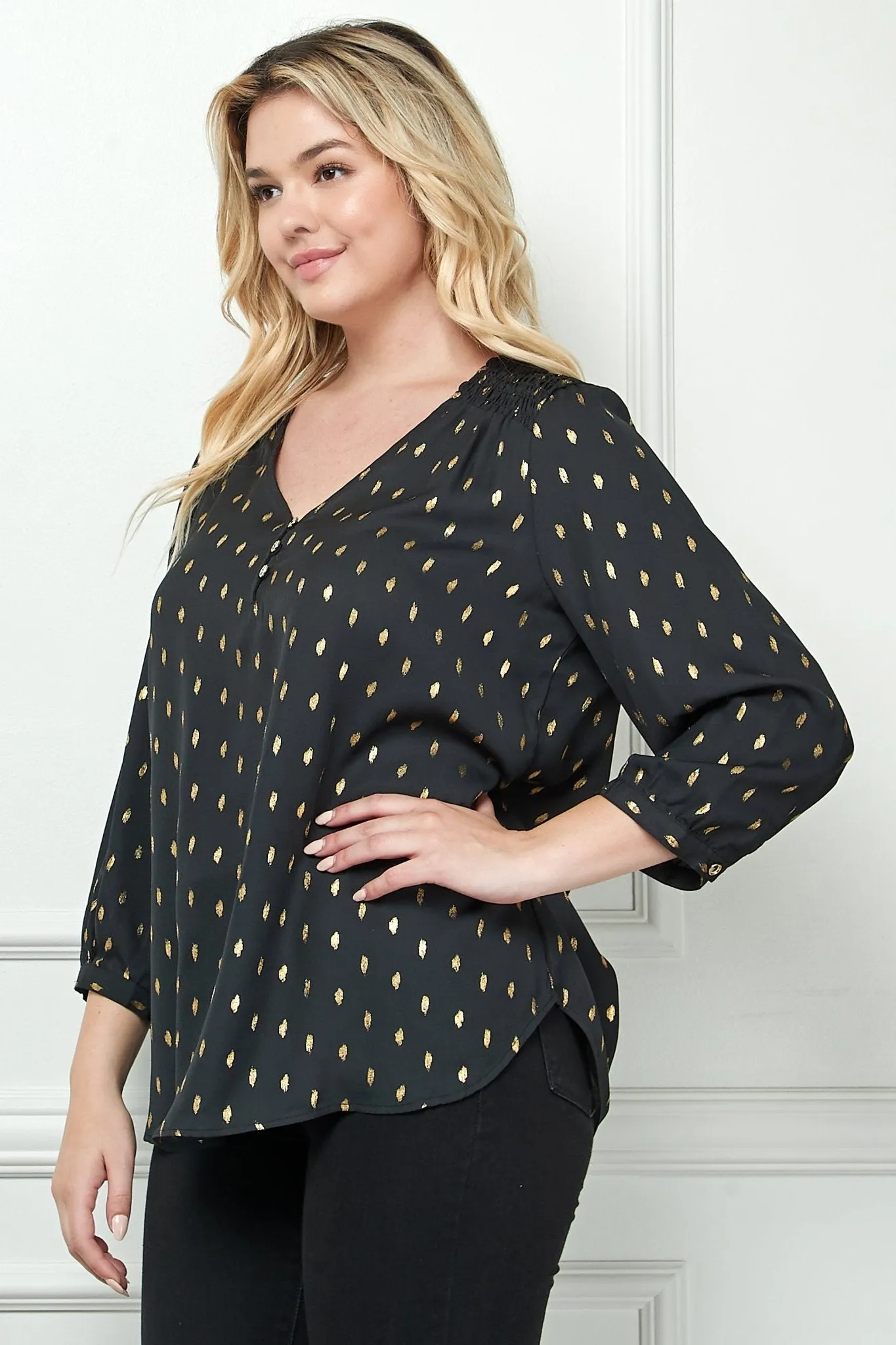 Black 3/4 Button Cuff Sleeve V Neck Popover - Plus sold by Dress Barn product image thumbnail 2