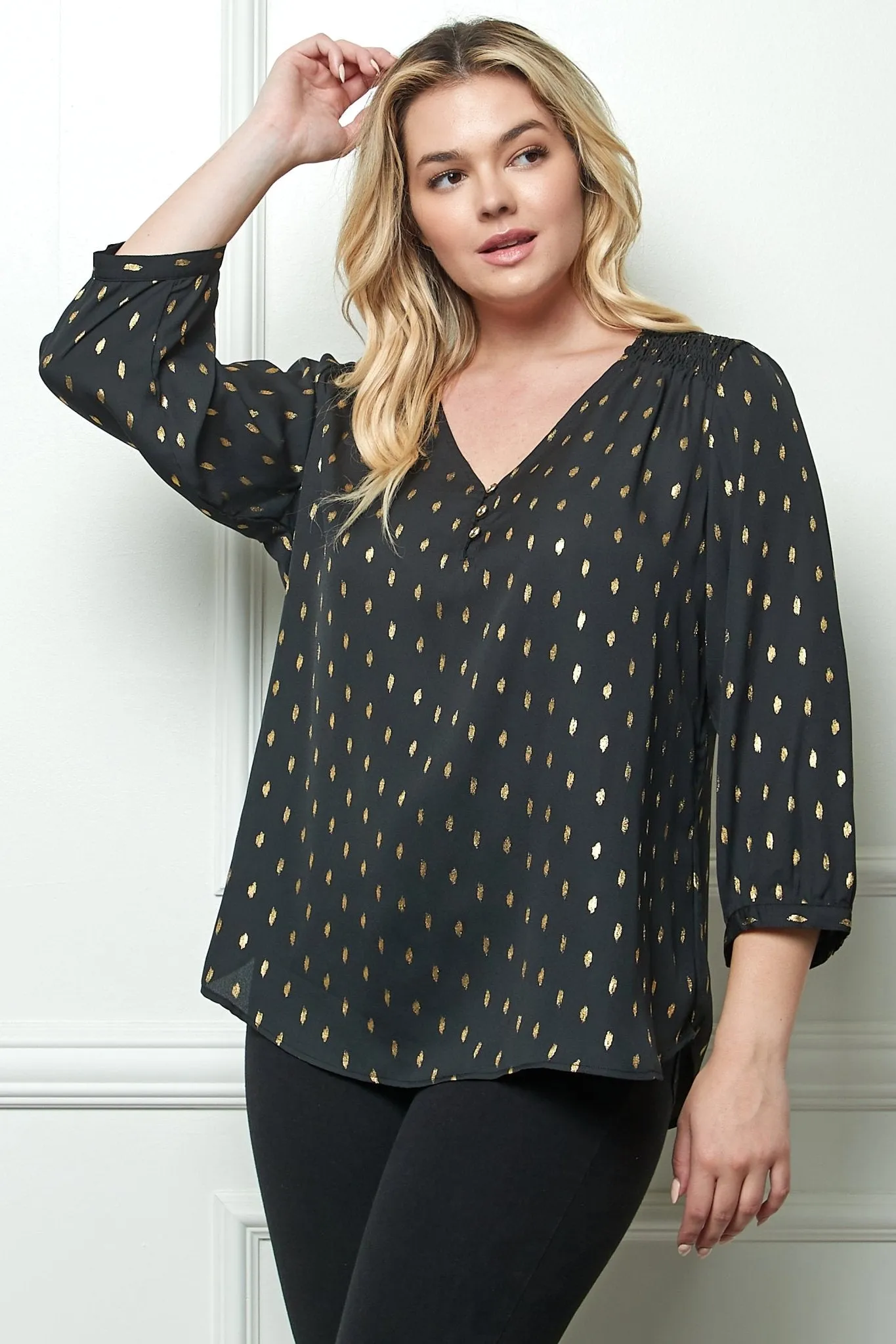 Black 3/4 Button Cuff Sleeve V Neck Popover - Plus sold by Dress Barn