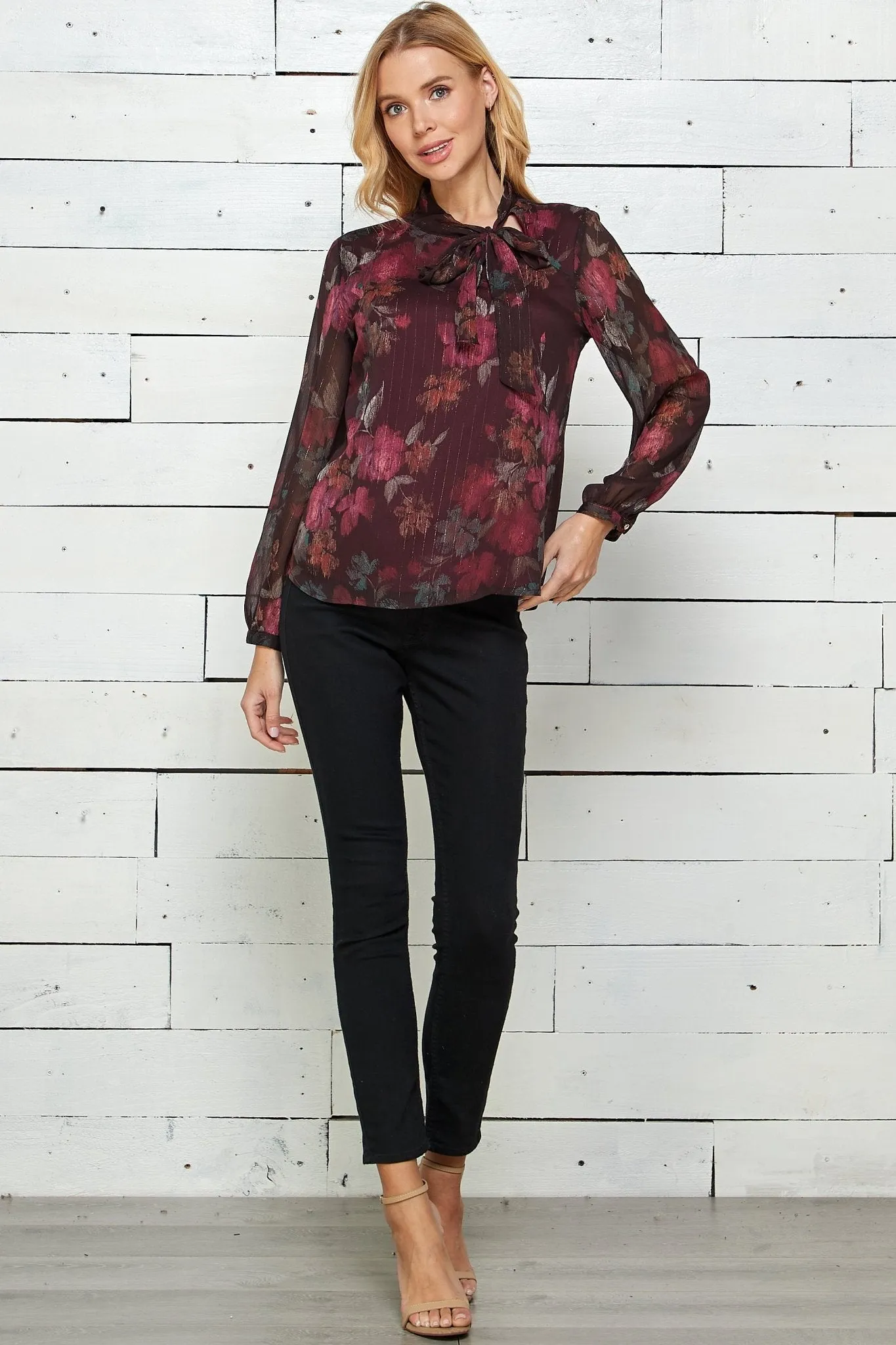 Burgundy Long Sleeve Side-Tie Neck Blouse sold by Dress Barn product image thumbnail 2