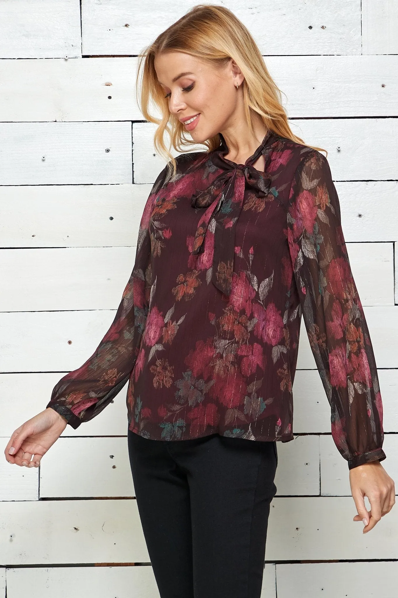 Burgundy Long Sleeve Side-Tie Neck Blouse sold by Dress Barn product image thumbnail 3