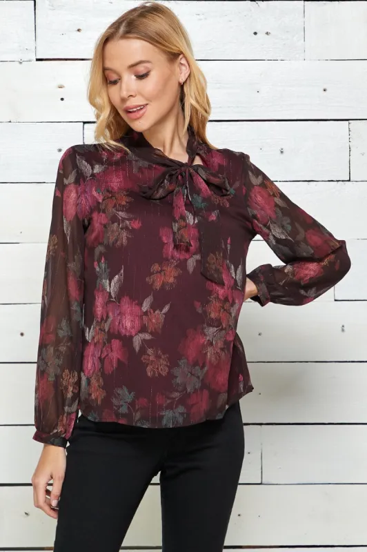 Burgundy Long Sleeve Side-Tie Neck Blouse sold by Dress Barn