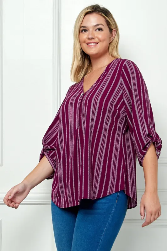 Plum & Cream 3/4 Button Tab Sleeve V Neck Popover - Plus sold by Dress Barn