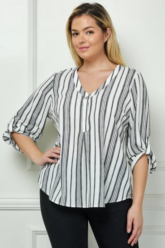 Ivory 3/4 Button Tab Sleeve V Neck Popover - Plus sold by Dress Barn