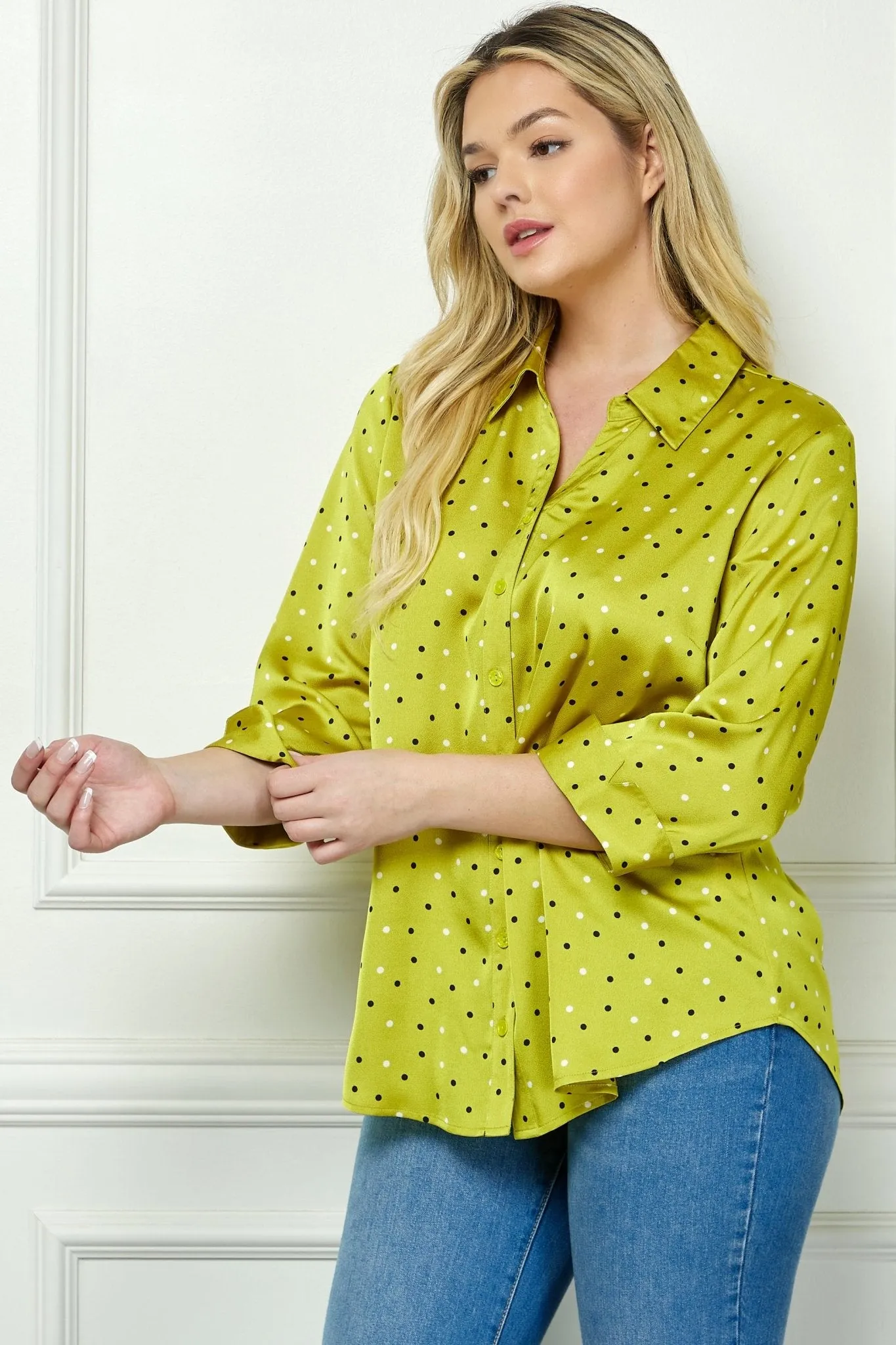 Chartreuse 3/4 Notch Sleeve Johnny Collar Button Front Top - Plus sold by Dress Barn product image thumbnail 3