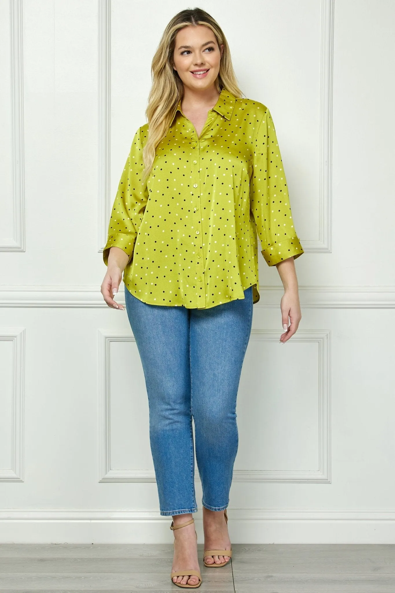 Chartreuse 3/4 Notch Sleeve Johnny Collar Button Front Top - Plus sold by Dress Barn product image thumbnail 4