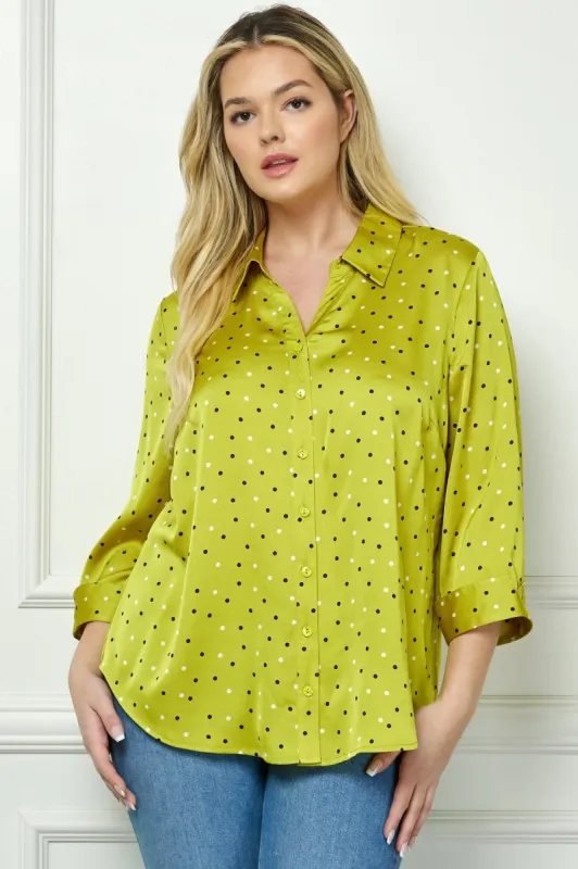 Chartreuse 3/4 Notch Sleeve Johnny Collar Button Front Top - Plus sold by Dress Barn
