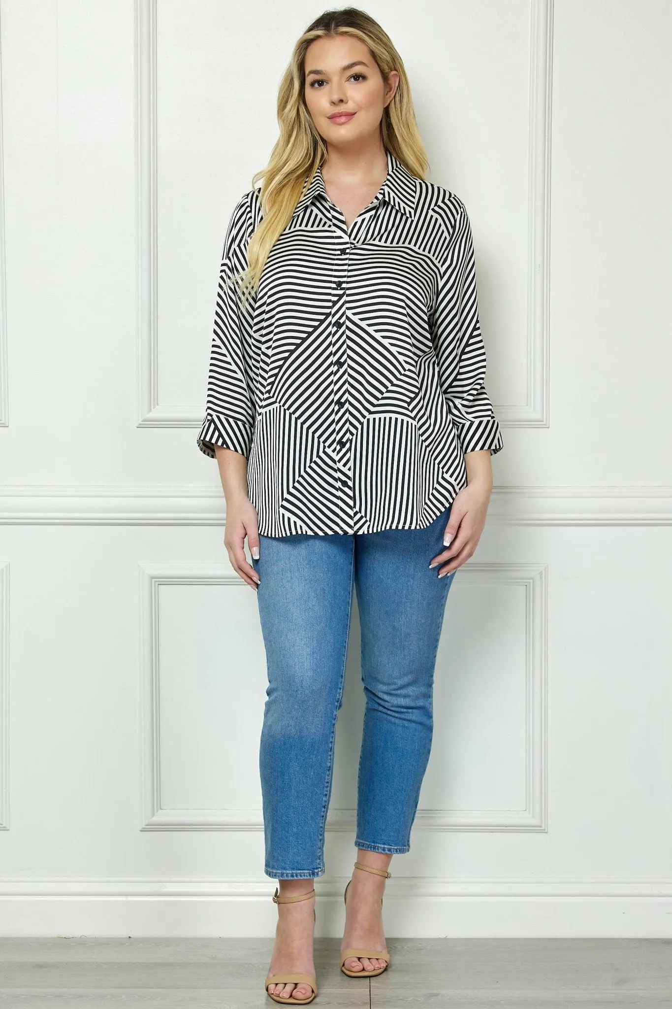 Black & Ivory 3/4 Notch Sleeve Johnny Collar Button Front Top - Plus sold by Dress Barn product image thumbnail 3