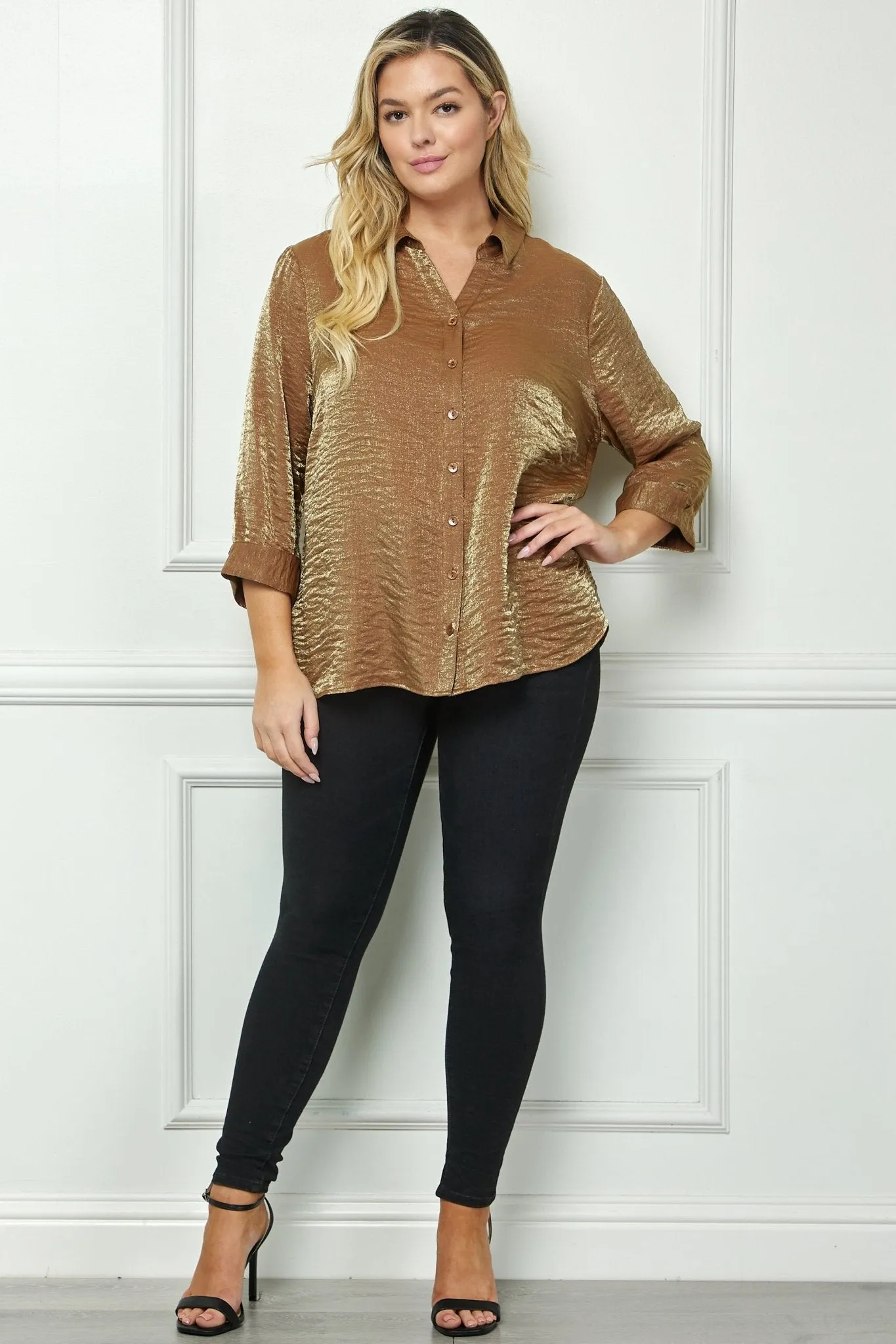 Cognac 3/4 Length Notch Sleeve Johnny Collar Button-Front Top - Plus sold by Dress Barn product image thumbnail 3