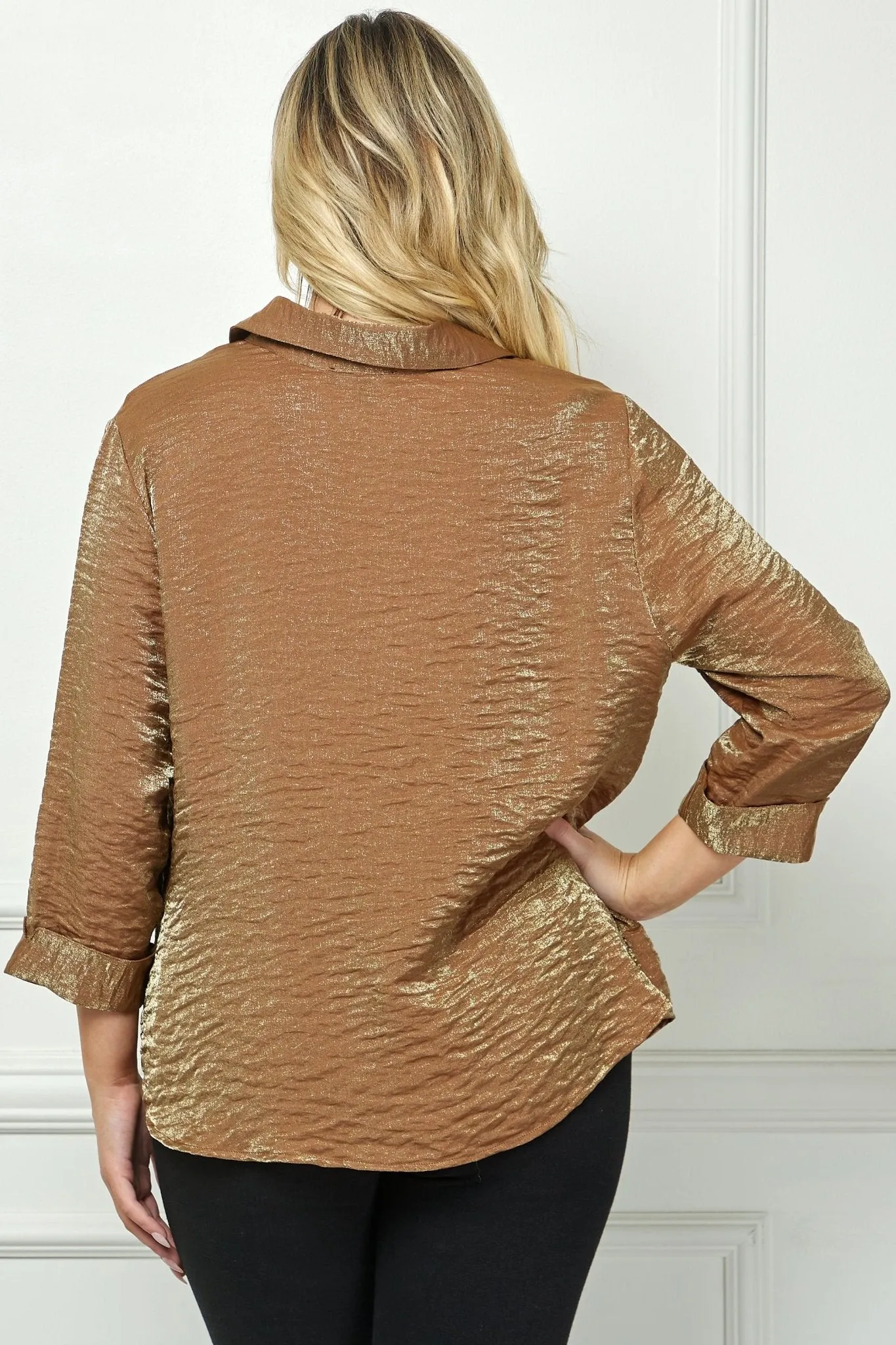 Cognac 3/4 Length Notch Sleeve Johnny Collar Button-Front Top - Plus sold by Dress Barn product image thumbnail 4