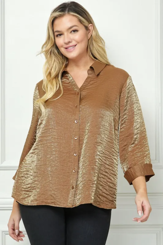 Cognac 3/4 Length Notch Sleeve Johnny Collar Button-Front Top - Plus sold by Dress Barn