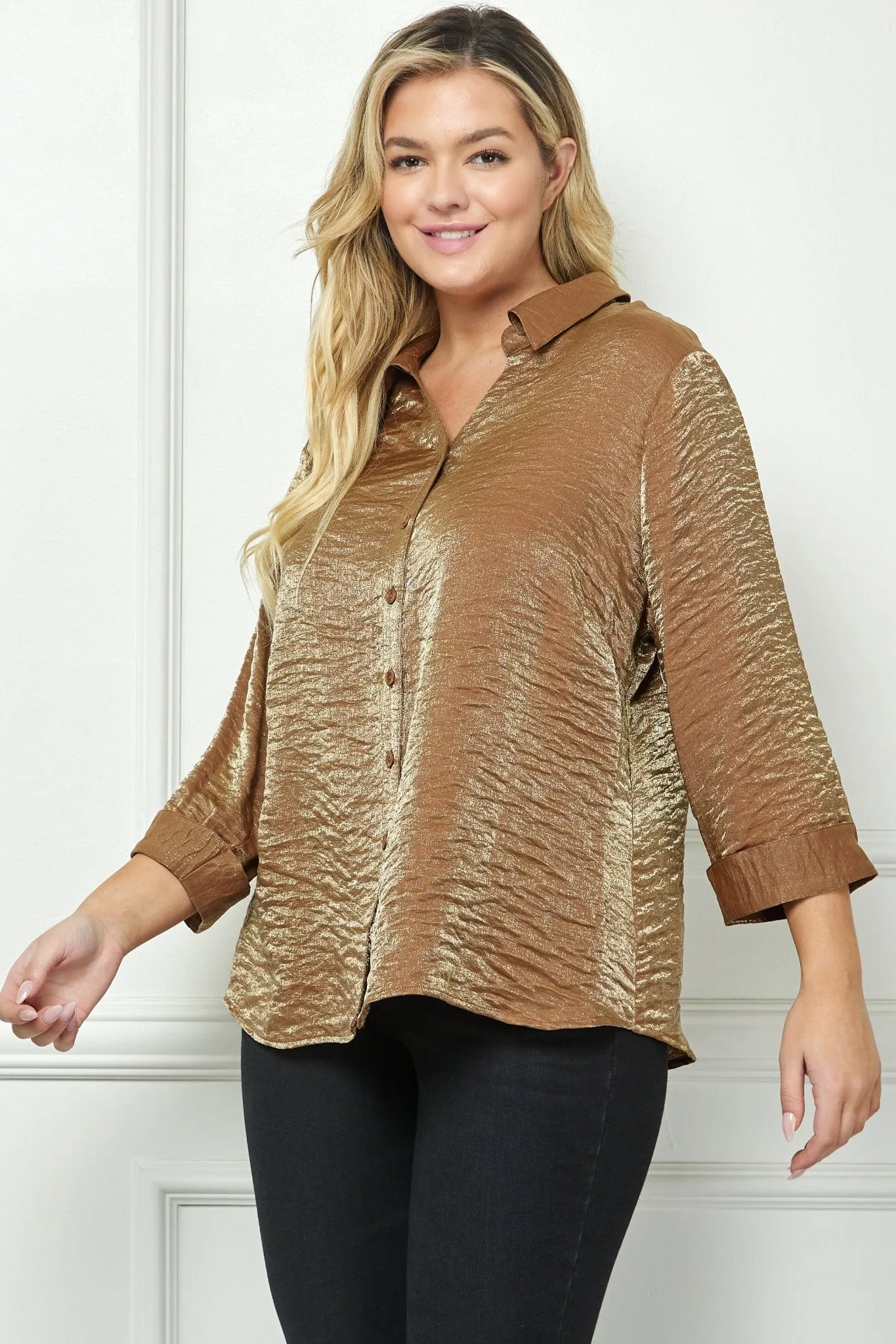 Cognac 3/4 Length Notch Sleeve Johnny Collar Button-Front Top - Plus sold by Dress Barn product image thumbnail 2