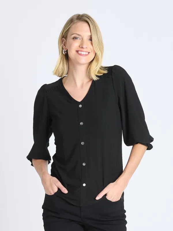 Ruffle 3/4 Sleeve Button Top, Black sold by Dress Barn