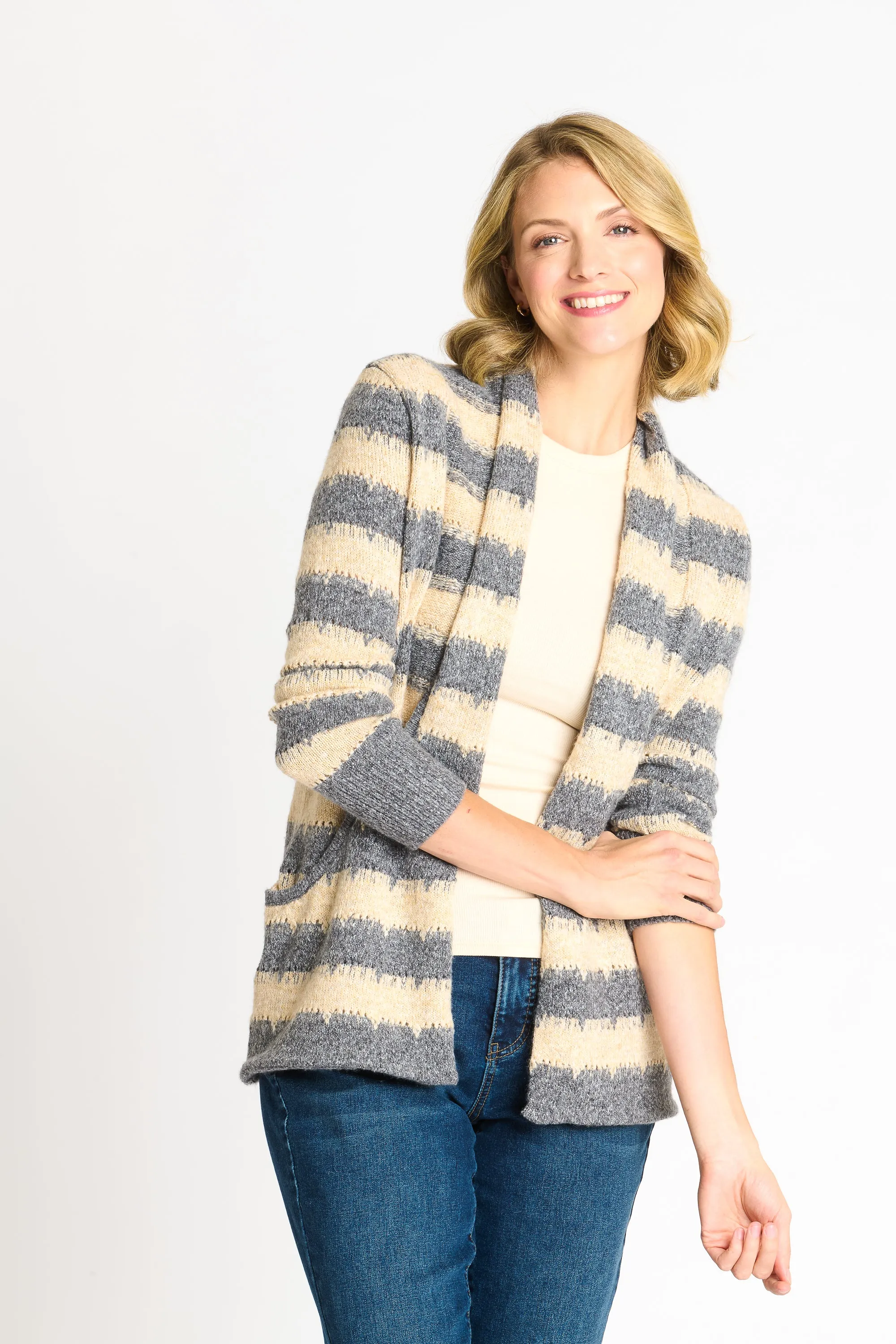 Wave Stripe J-Pocket Cardigan Sweater, Light Heather sold by Dress Barn product image thumbnail 4